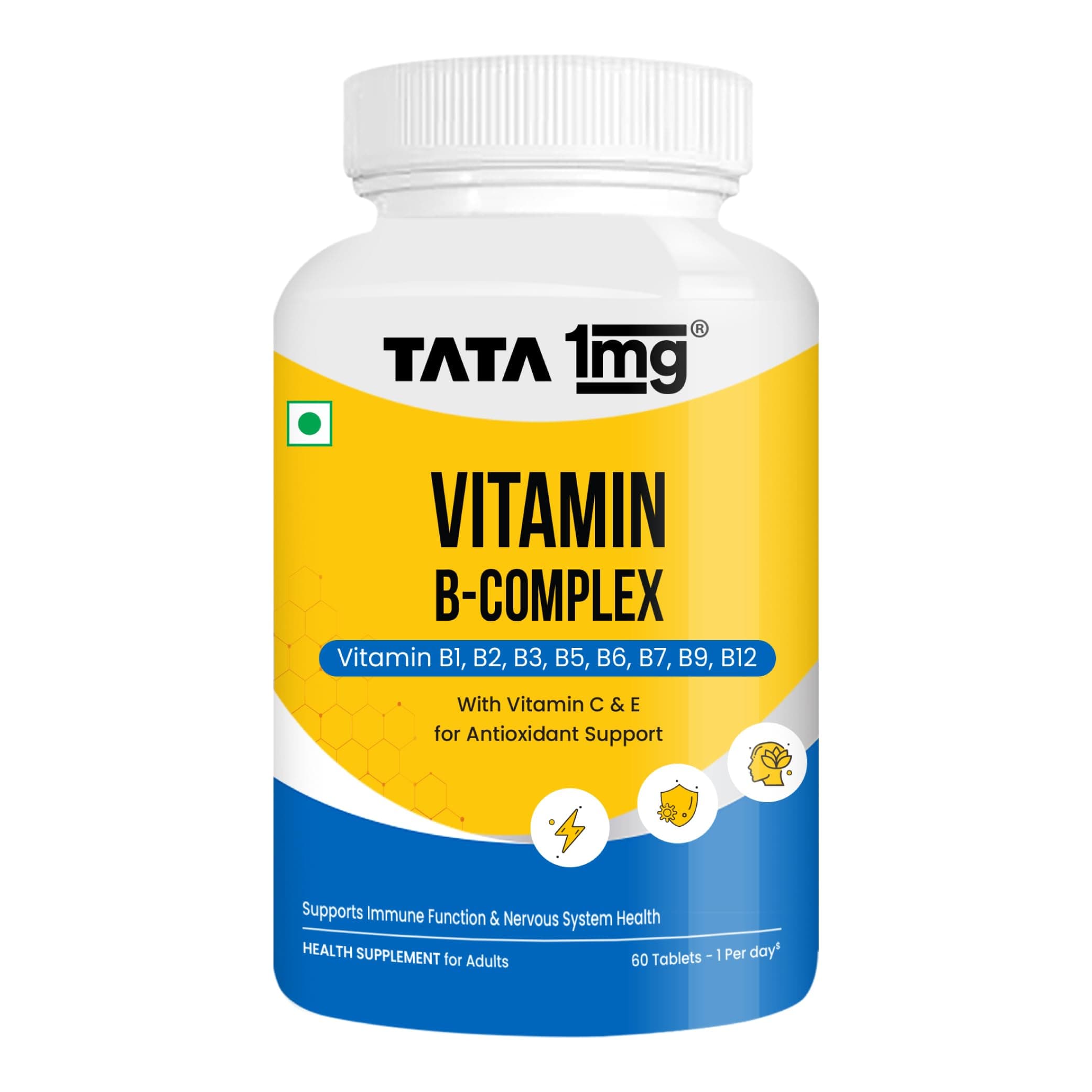 Tata 1mg Vitamin B Complex Capsules with 100% RDA for B1,B2,B3,B5,B6,Biotin, with Vitamin C and E, Helps Maintain Energy, Immunity and Skin Health, For Women & Men, Pack of 60 Vegetarian Capsules