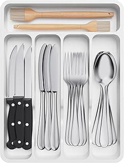 Lifewit Cutlery Drawer Organiser, Plastic Cutlery Tray for Kitchen Drawer, Utensil Flatware Silverware Holder Divider for Spoons Forks Knives Tableware, 5 Compartment, White