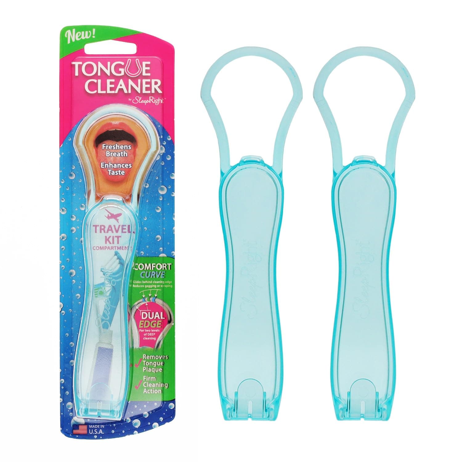 SleepRightTongue Cleaner Scraper Two Pack - Dual Edge Technology for Fresh Breath, Comfort Radius Design, Travel Kit Included - Enhance Oral Hygiene and Taste Sensation