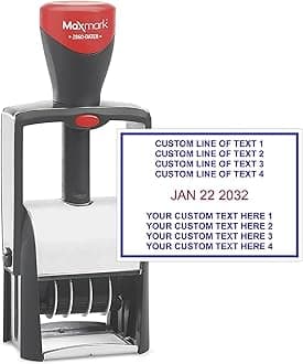 MaxMark Heavy Duty Date Stamp with 4-Line Custom Text, Self Inking Date Stamp - 2" x 2-3/4" - Choose from Many Font and Color Options