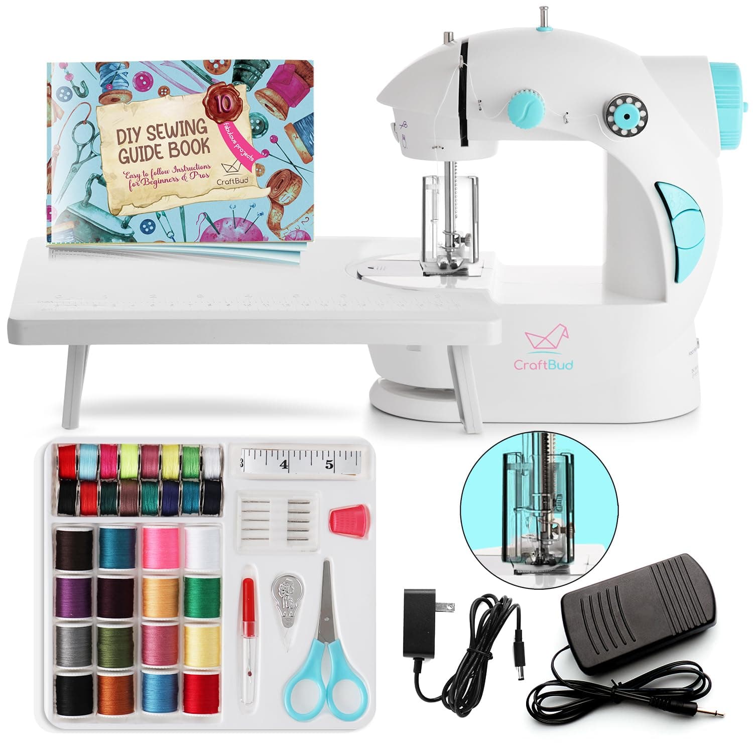 CraftBud Mini Sewing Machine for Beginners, Dual Speed Small Portable Sewing Machine for Kids and Adults with Extension Table, 48 Piece Gift Set Includes, Pedal, Projects Book, Light and More, White
