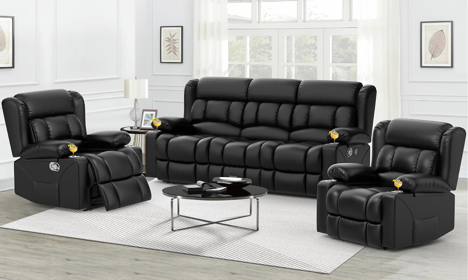 Recliner Sofa Set, Flip Middle Backrest Design PU Leather 3 Seater Reclining Sofa and 2PC Single Recliner Chair, Manual Couches for Living Room (Black, PU 3+1+1)