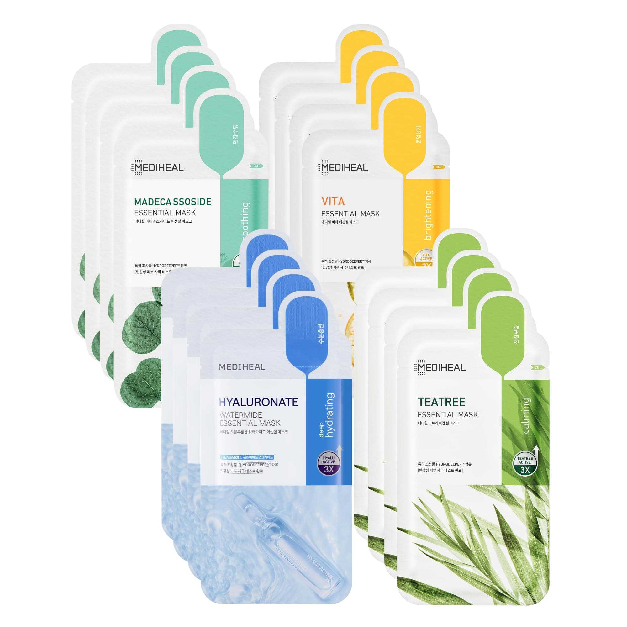 Mediheal Sheet Mask New Essential HERO 16 pack (Hyaluronate, Tea Tree, Madecassoside, Vita) | Korean Skincare Facial Sheet Mask Combo gift set