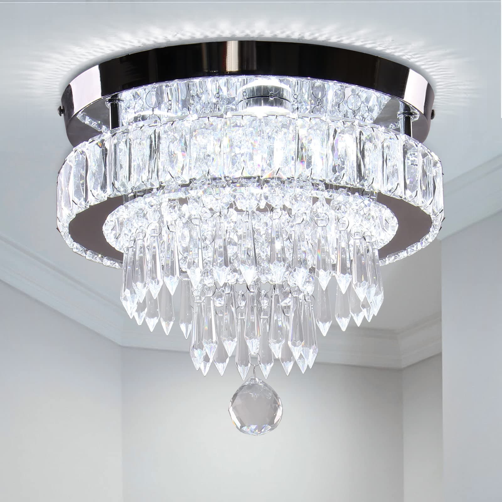 11.8" Crystal Pendant Light LED Crystal Recessed Ceiling Light Modern Pendant Light for Bedroom Dining Room Hallway (6500K Cool White)