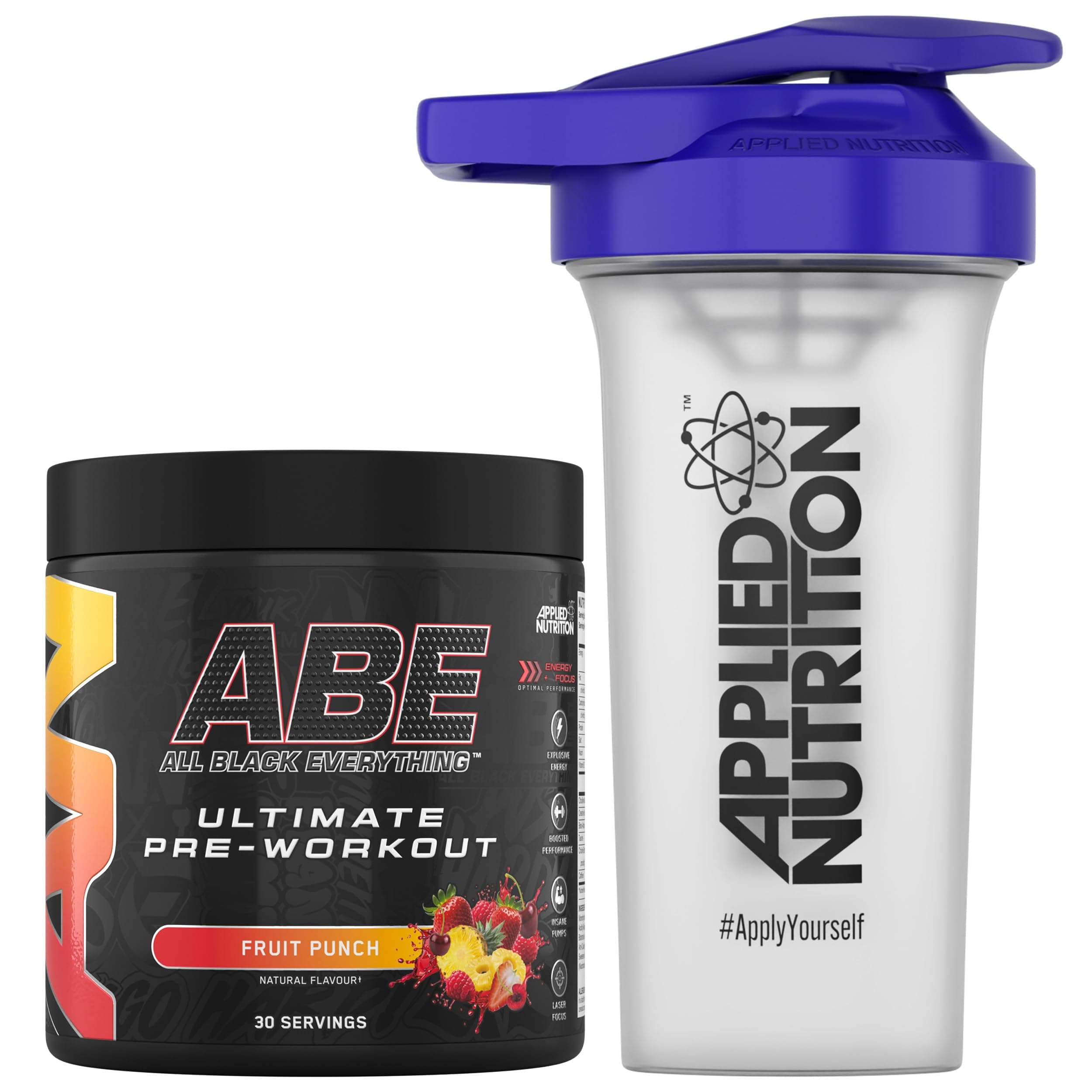 Applied Nutrition Bundle ABE Pre Workout 375g + 700ml Protein Shaker | All Black Everything Pre Workout Powder, Energy & Physical Performance with Creatine, Beta Alanine (Fruit Punch)