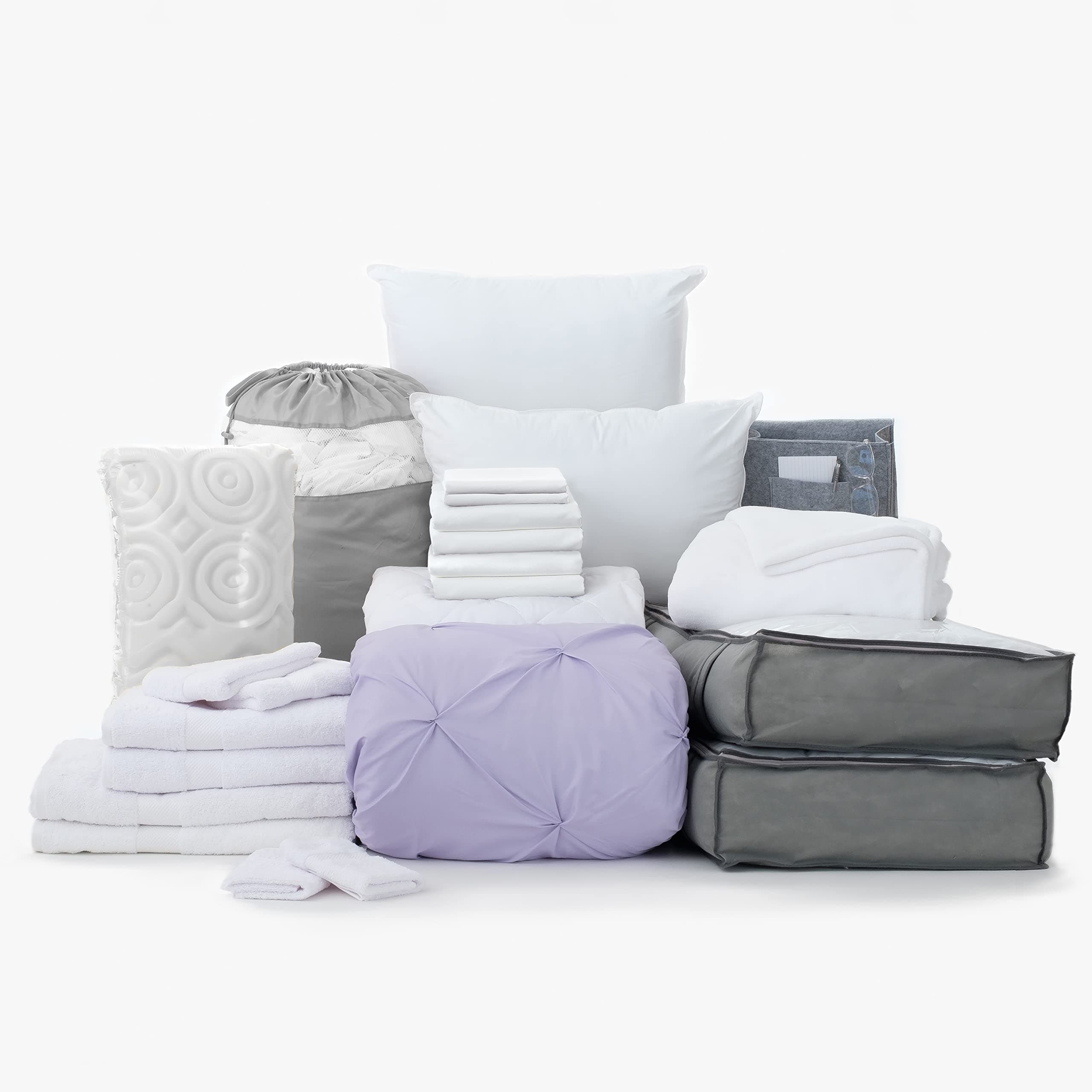OCM Complete Dorm Essentials Value Pack - 21 Piece Twin XL Set | Twin XL | Comforter, Sheets, Topper, Blanket, Towels, Storage & More | Orla Orchid | Light Purple & Pinch Pleats