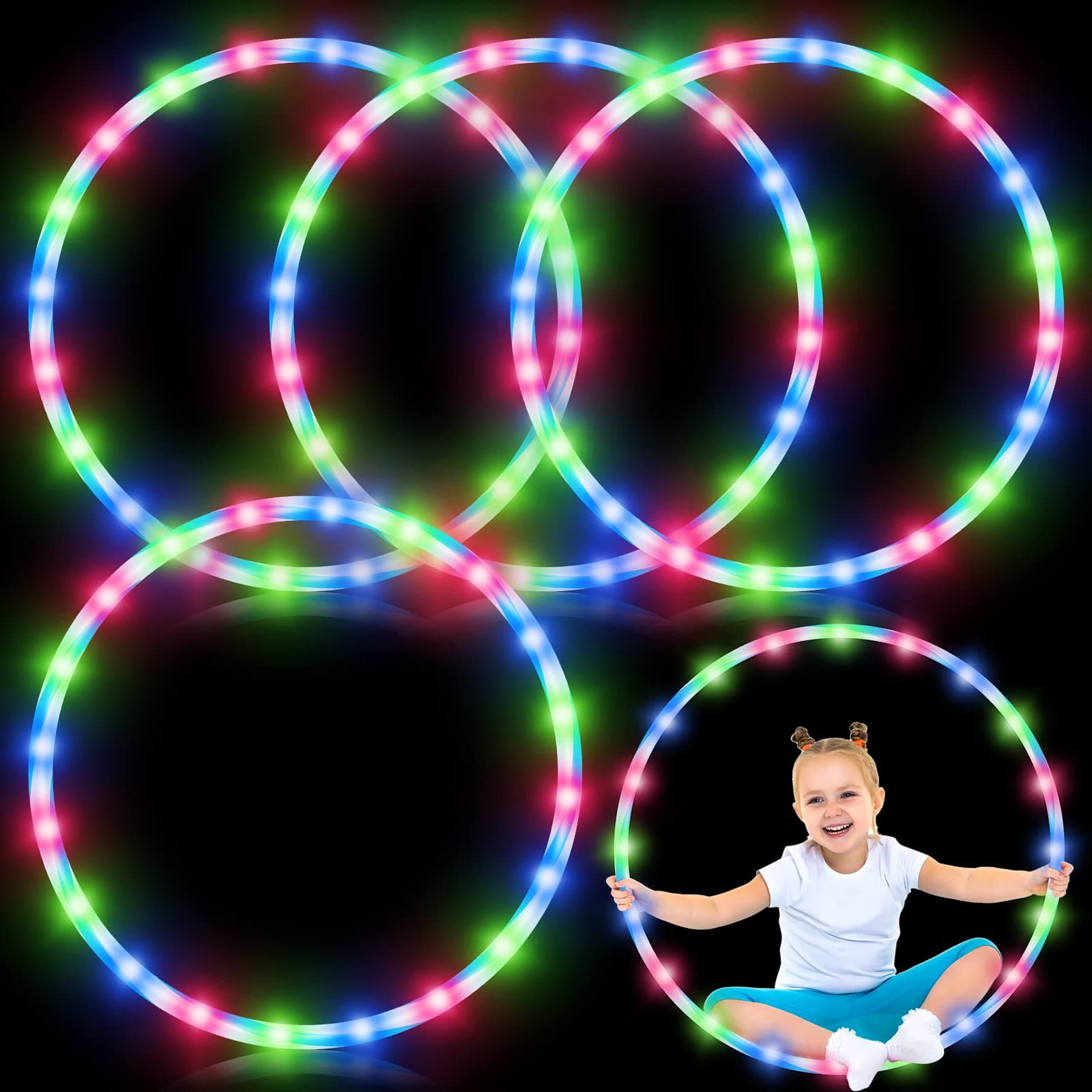 Jerify 4 Pack LED Hoop Light Up Hoop for Kids Adults Children LED Glowing Lights Fitness Exercise Hoop 10 Color Changing Exercise Glowing Hoop for Kids Dance Dark Fitness