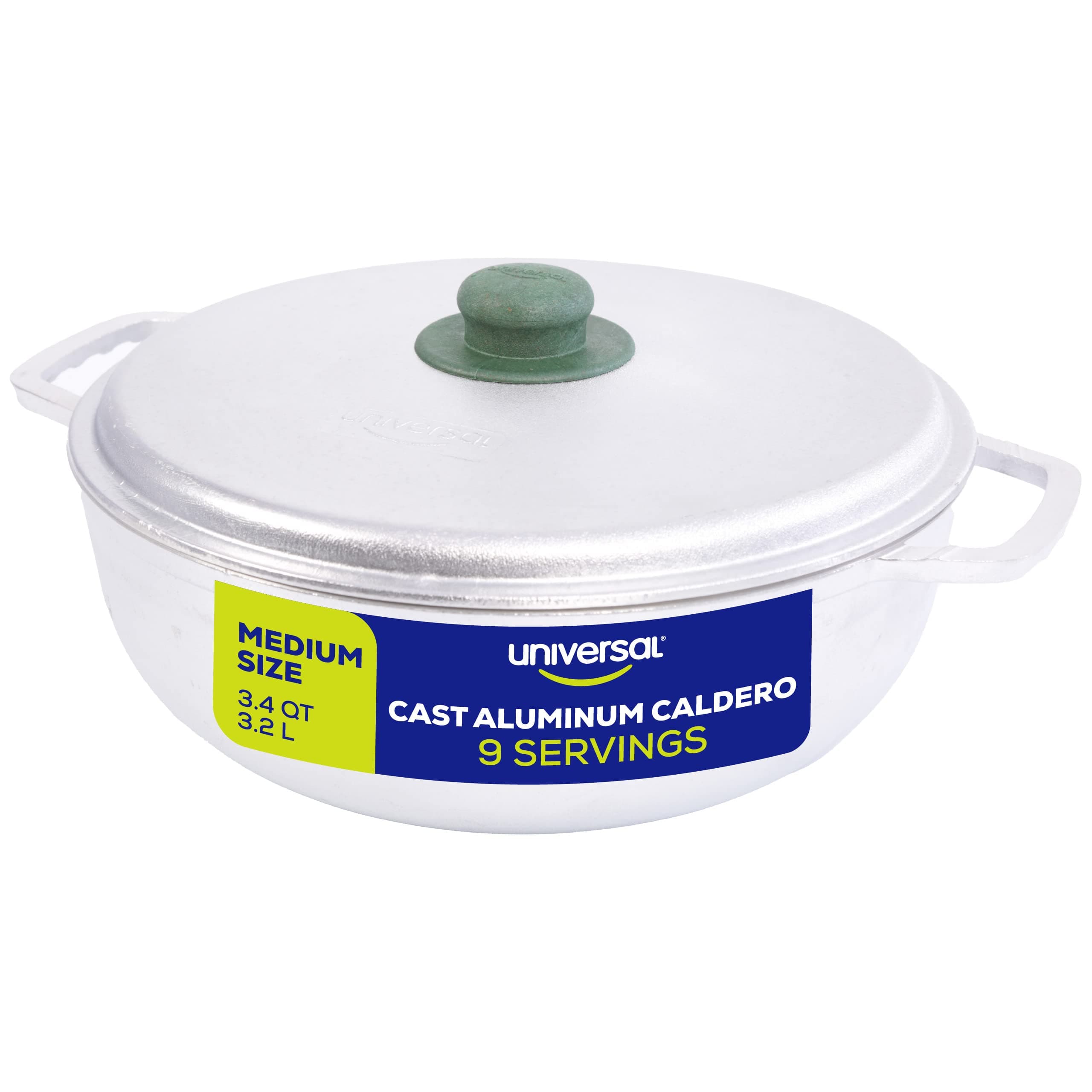 Universal (Small Size) Caldero 9 Cups - 3.4 QT / 3.2 L, Stainless Aluminum Pot, Even Heat Distribution and Fast Cooking Dutch Oven Pot, Ergonomic Handles, Ideal for Rice, French Fries, and More