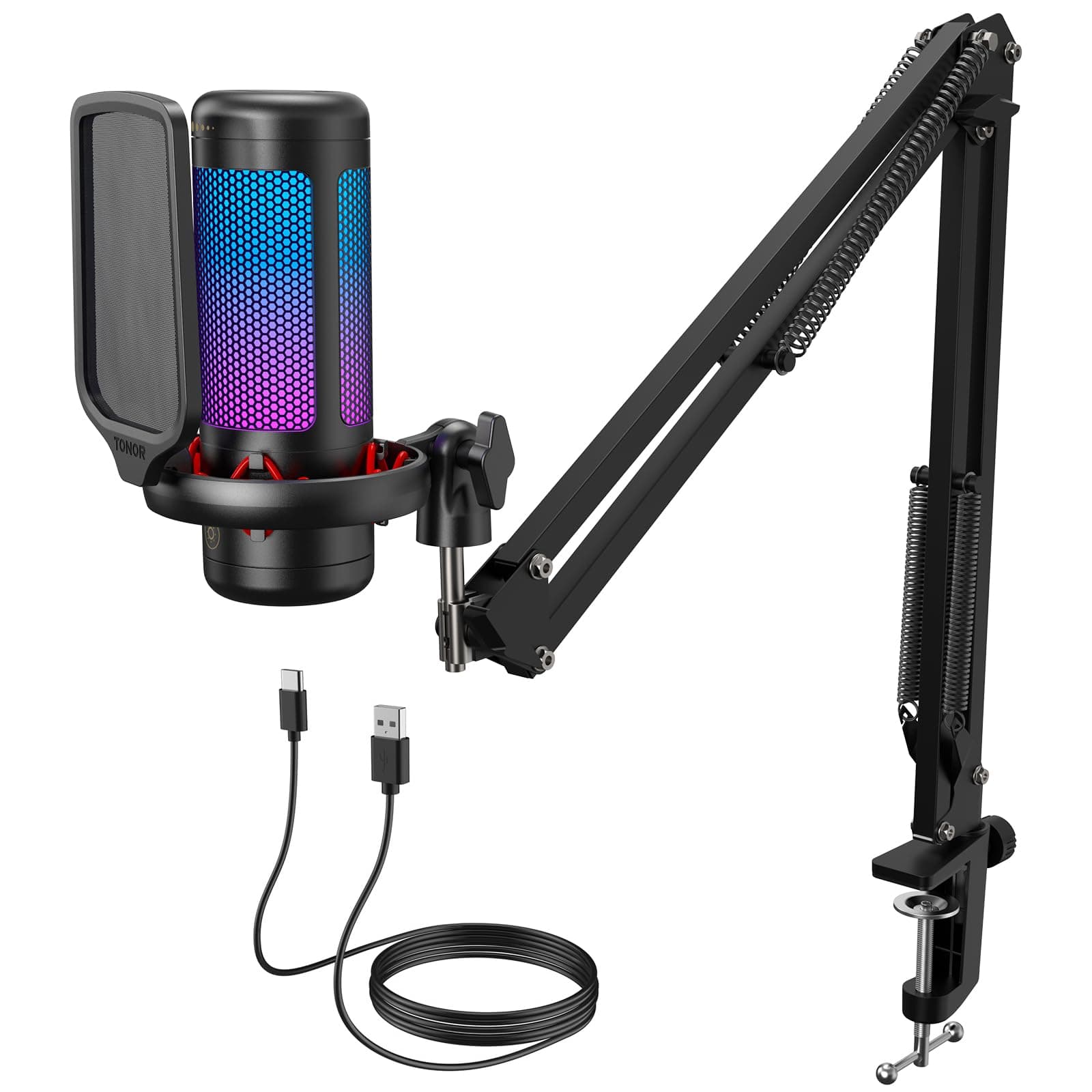 Vocal Condenser Microphone Set with Boom Arm, Recording Equipment for PC with Stand, Controllable Brightness, Quick Mute, Volume Control, USB Mic for YouTube, Twitch, Streaming, TC310+