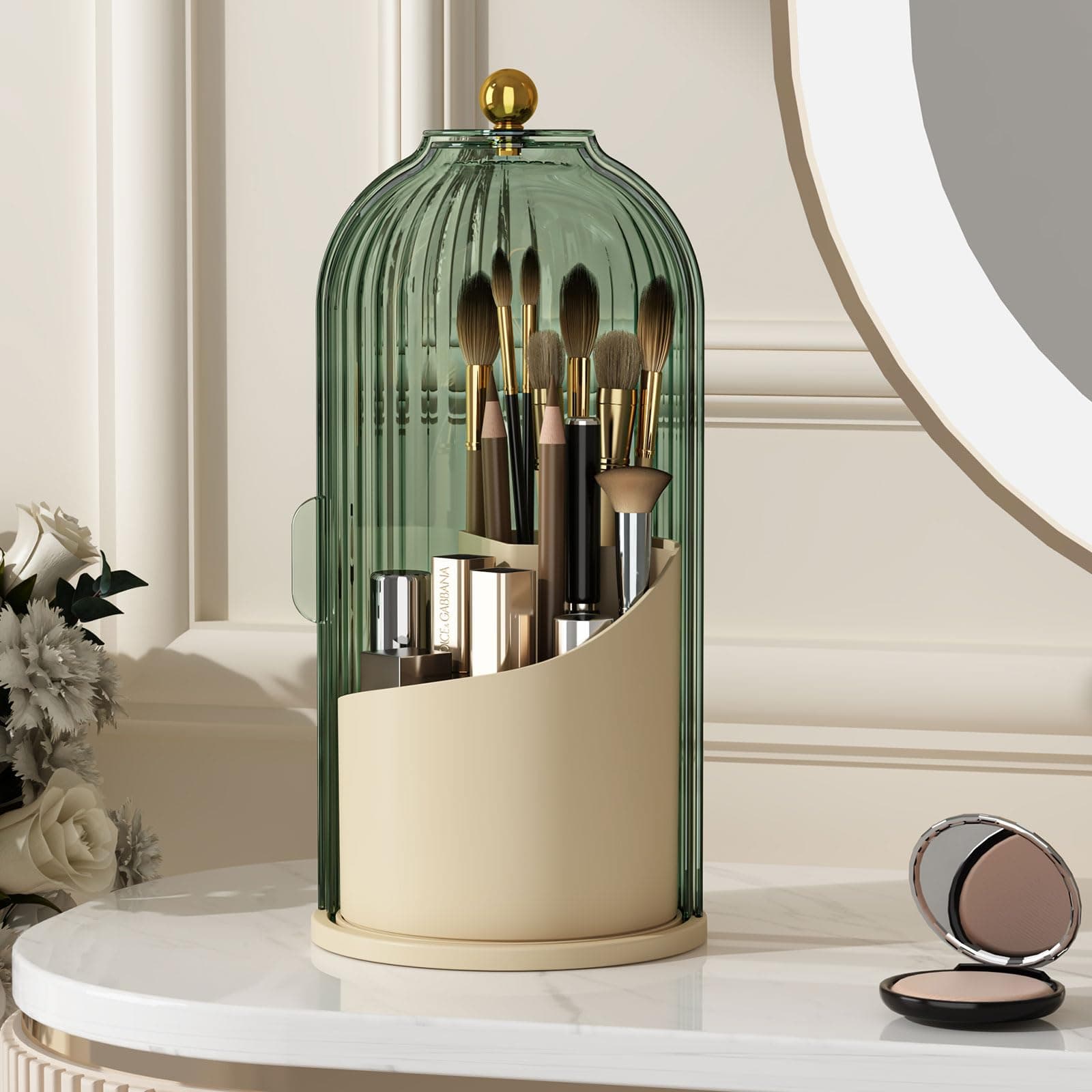 Makeup Brush Holder with Lid 360 Rotating Clear Dustproof Make Up Organizers for Vanity Bathroom Countertop, Green Beige
