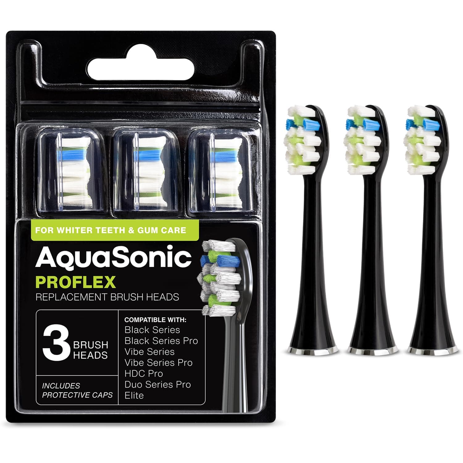 AquaSonic Proflex Replacement Brush Heads | ADA Accepted | for Whiter Teeth & Gum Care | Compatible with Many AquaSonic Toothbrush Handles (3 Pack Black)