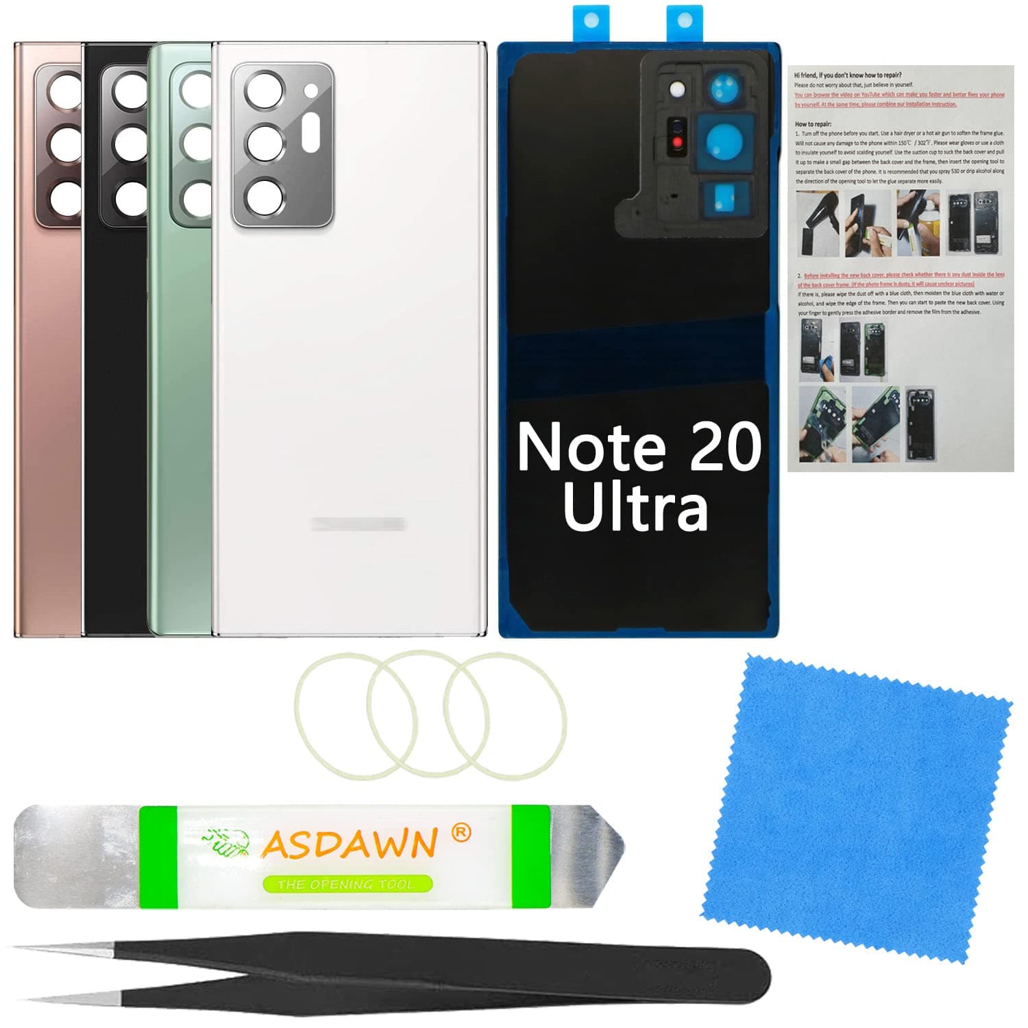 Galaxy Note 20 Ultra Back Cover Glass Replacement with Pre-Installed Camera Lens + All The Adhesive + Installation Manual + Repair Tools for Samsung Galaxy Note 20 Ultra -N985 All Carriers (White)