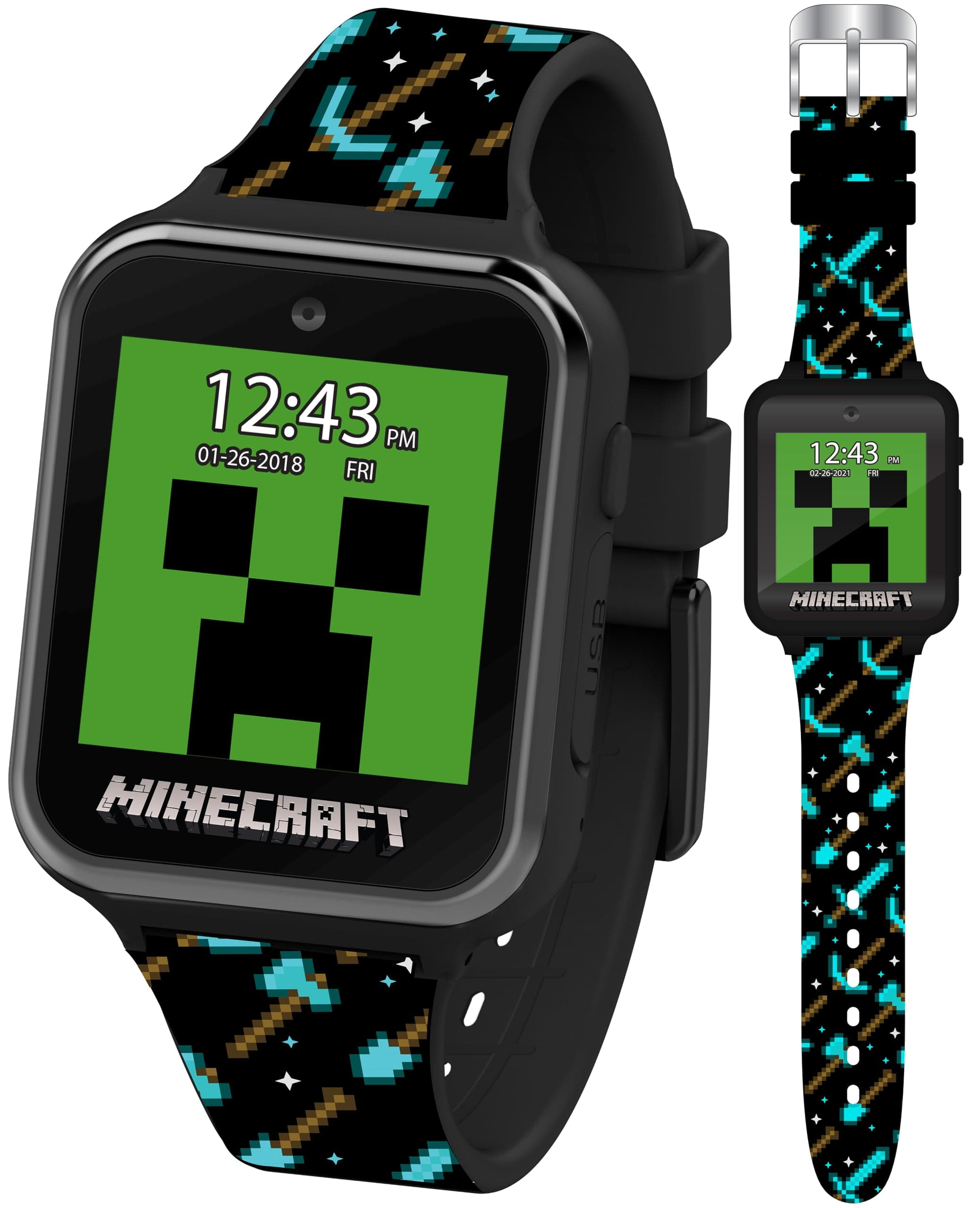 Minecraft Kids Smart Watch - Interactive Touchscreen with Games, Camera, Step Counter, Alarm, Timer, Voice Recorder, and Cool Minecraft Silicone Strap - Fits Wrists 5.5" to 8.0"