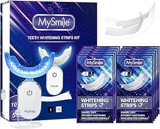 MySmile Non-Sensitive 10 Treatment Whitening Strips Kit with LED Light Tray 10 Min Fast Remove Coffee Wine Tobacco 20 Years of Stains Whitening Tooth Care Oral Safe for Enamel