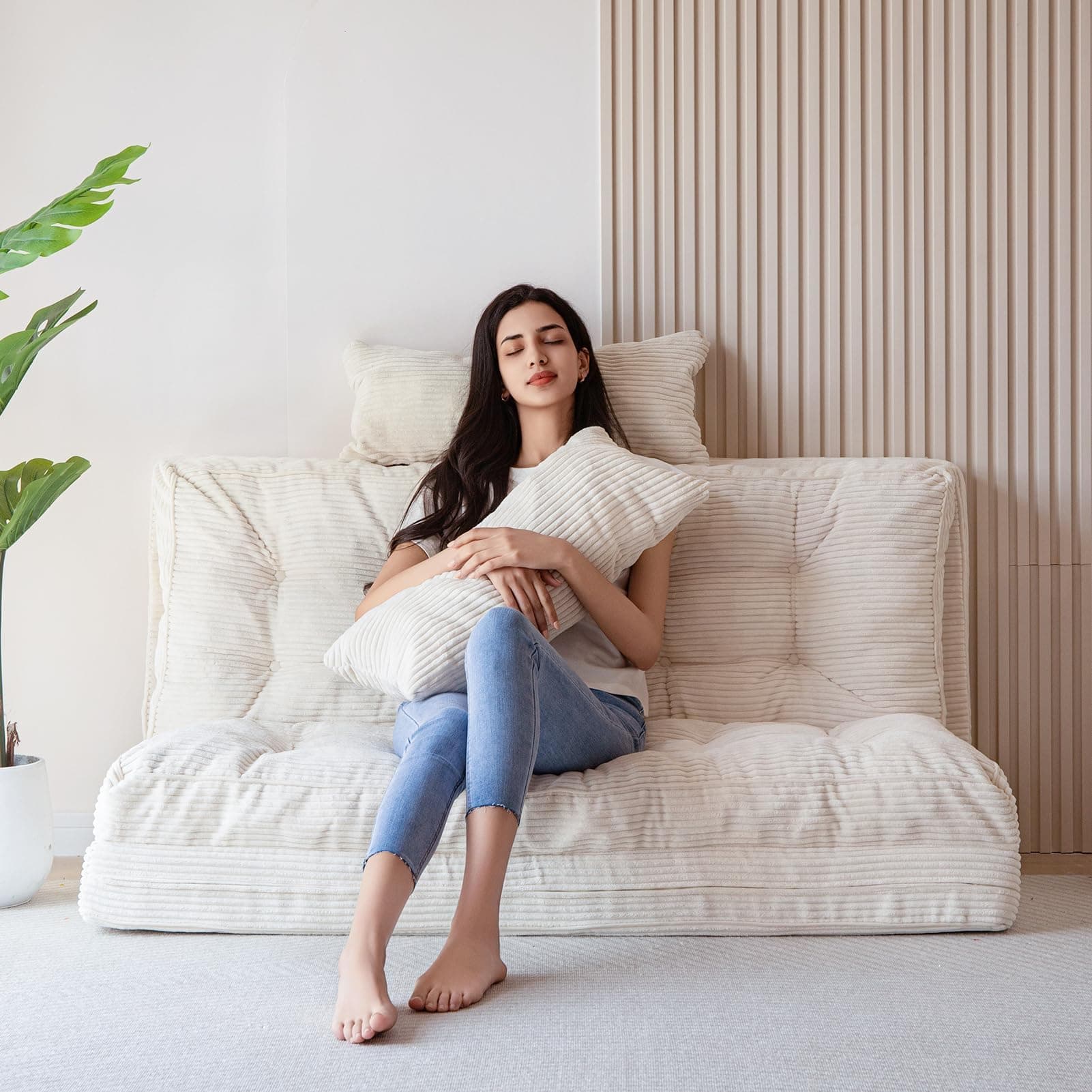 MAXYOYO Bean Bag Bed Tufted Folding Sofa Bed with Pillows Floor Mattress for Adults, Extra Thick and Long Floor Sofa, Full Floor Couch Bed for Bedroom Living Room