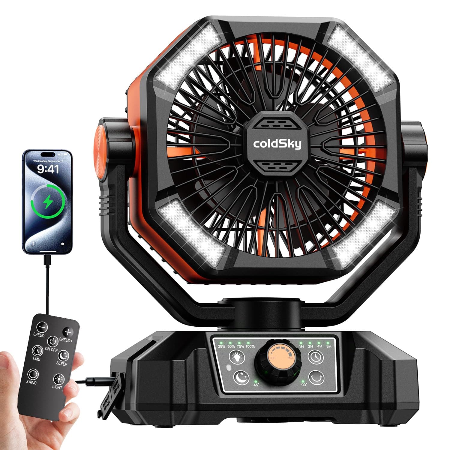 coldSky Rechargeable Table Fan for Home with LED Light & Remote Control, 20000mAh Battery Fan Rechargeable Big Size With 8 Speed Modes (Orange)