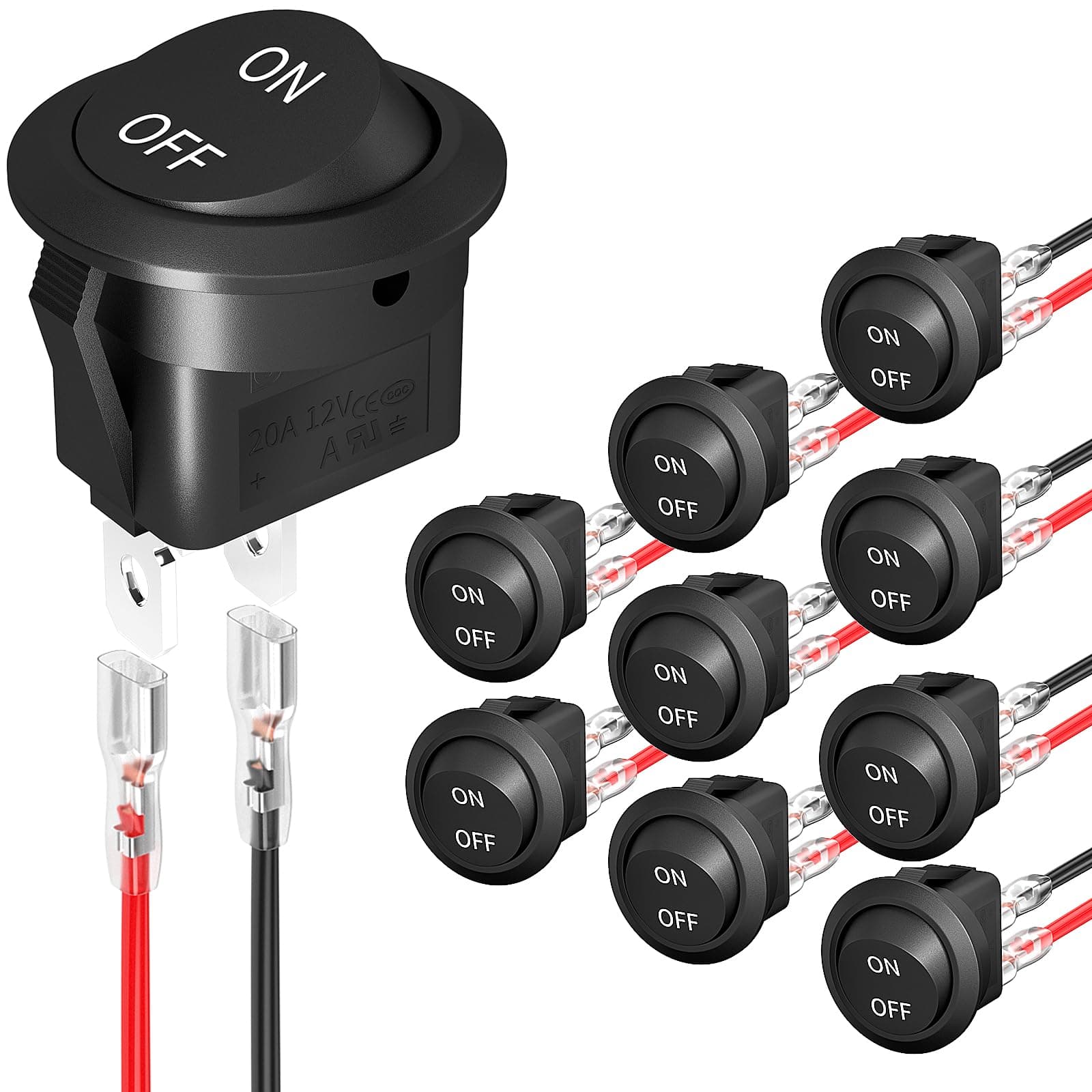 Joinfworld 10Pcs Round Rocker Switch 12V ON Off Switch 12 Volt DC Circle Toggle Switch 2 Pin SPST 6A/250V 10A/125V AC 20MM Small Rocker Switch with Wires for Auto Car Marine Boat - UL Listed