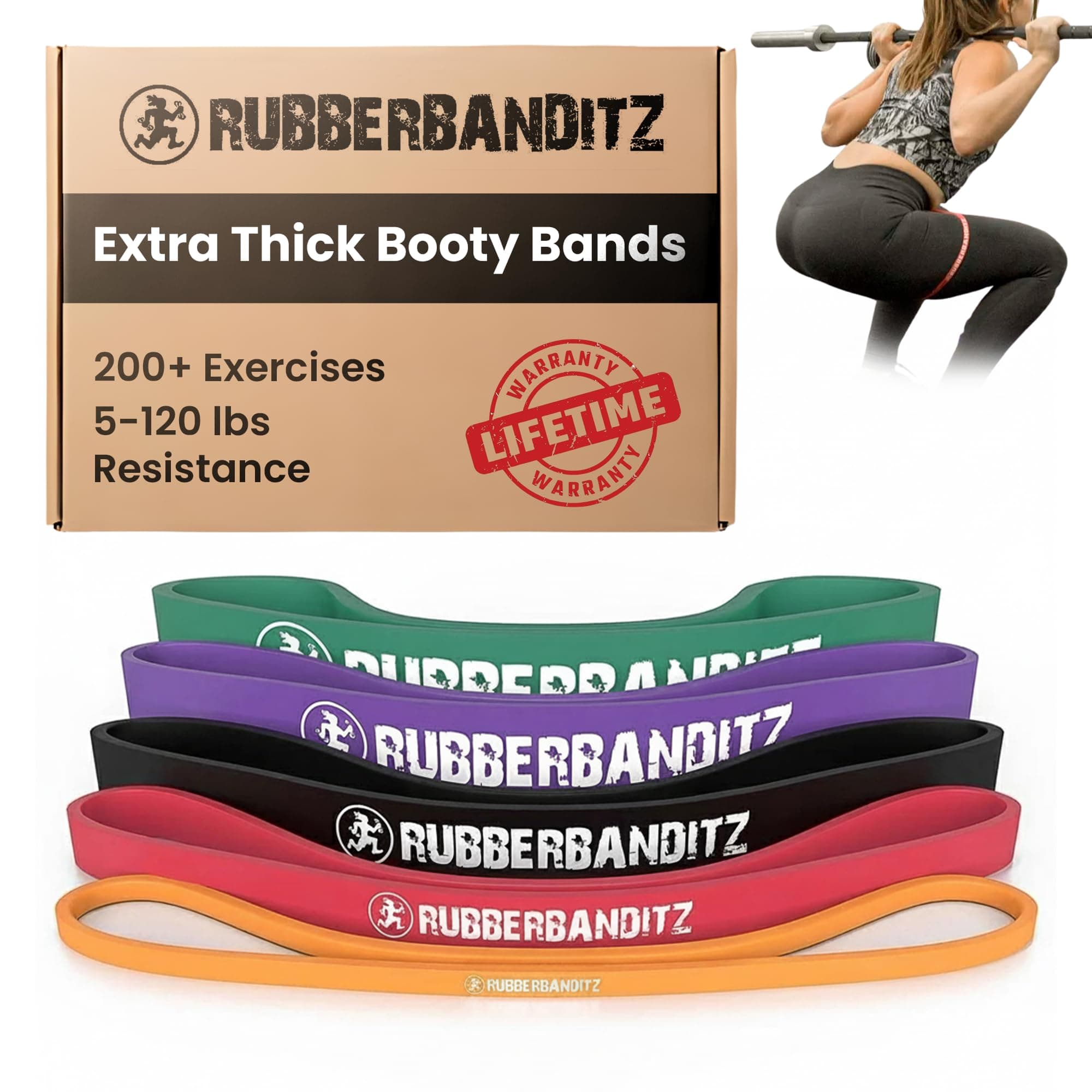 Rubberbanditz Extra Thick Booty Bands for Glutes & Legs, Mini Loop Engages HIPS, Thighs, Butt, Abs, Hip Resistance Bands for Working Out, Perfect Home Gym Equipment, Sizes 5-300 Lbs - Pack of 5