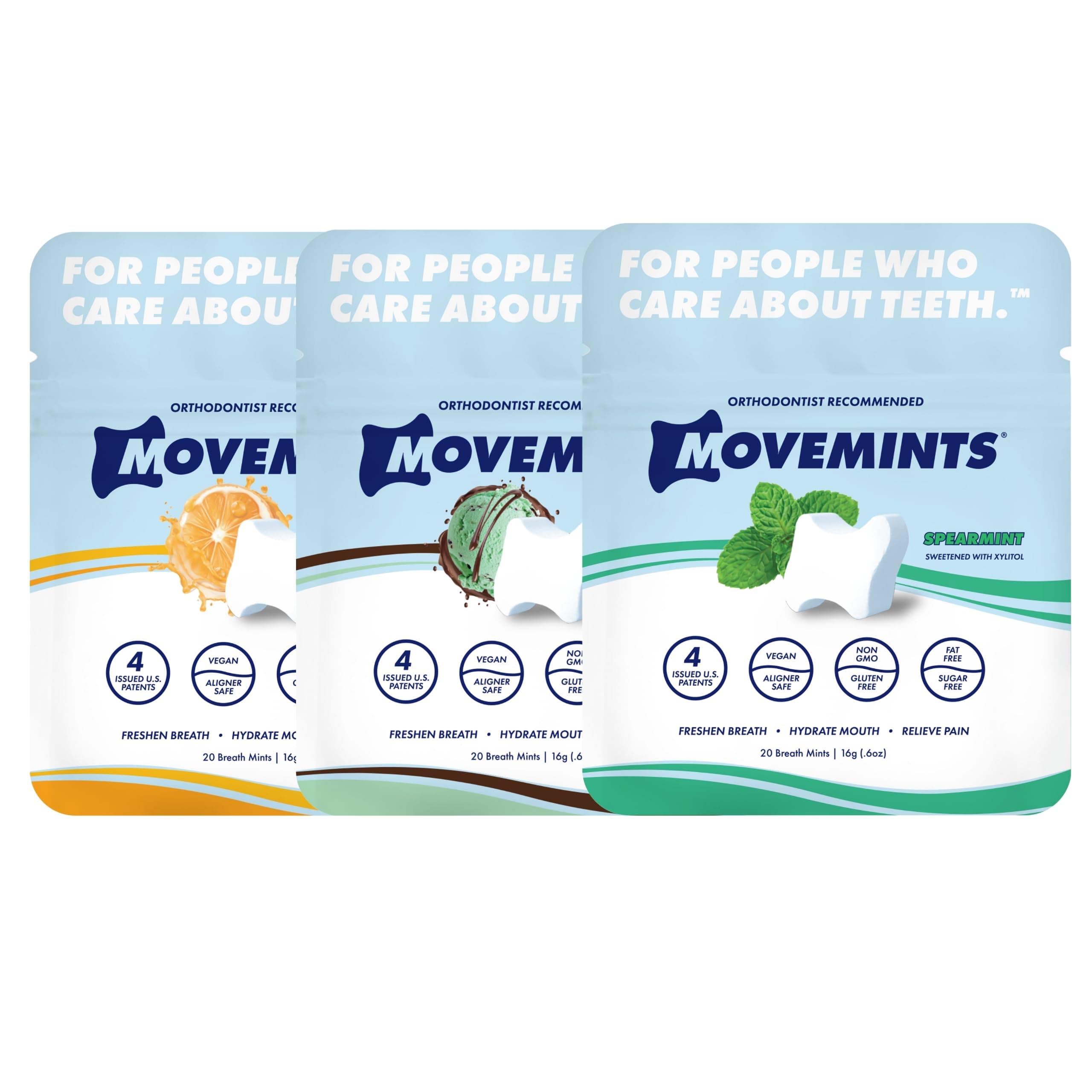 Movemints Clear Aligner Mints - Patented Aligner Seating Mints - Edible Alternative to Aligner Chewies - Xylitol Mints for Dry Mouth - Variety Pack (3 Pack)