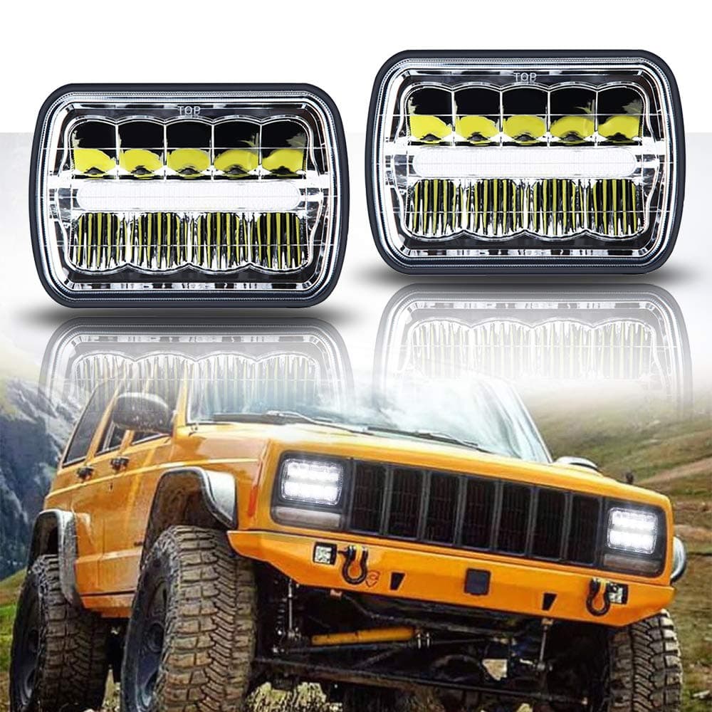 ROCCS 7x6 LED Headlights, PAIR 5x7 Chrome led Headlight with White DRL Sealed Beam led headlight kit For Off Road