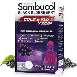 Cold and Flu Relief Tablets - Homeopathic Black Elderberry Cold Medicine, Drowsy Free Remedy for Adults with Zinc, Quick-Dissolving Tablets for Men and Women - 30 Count
