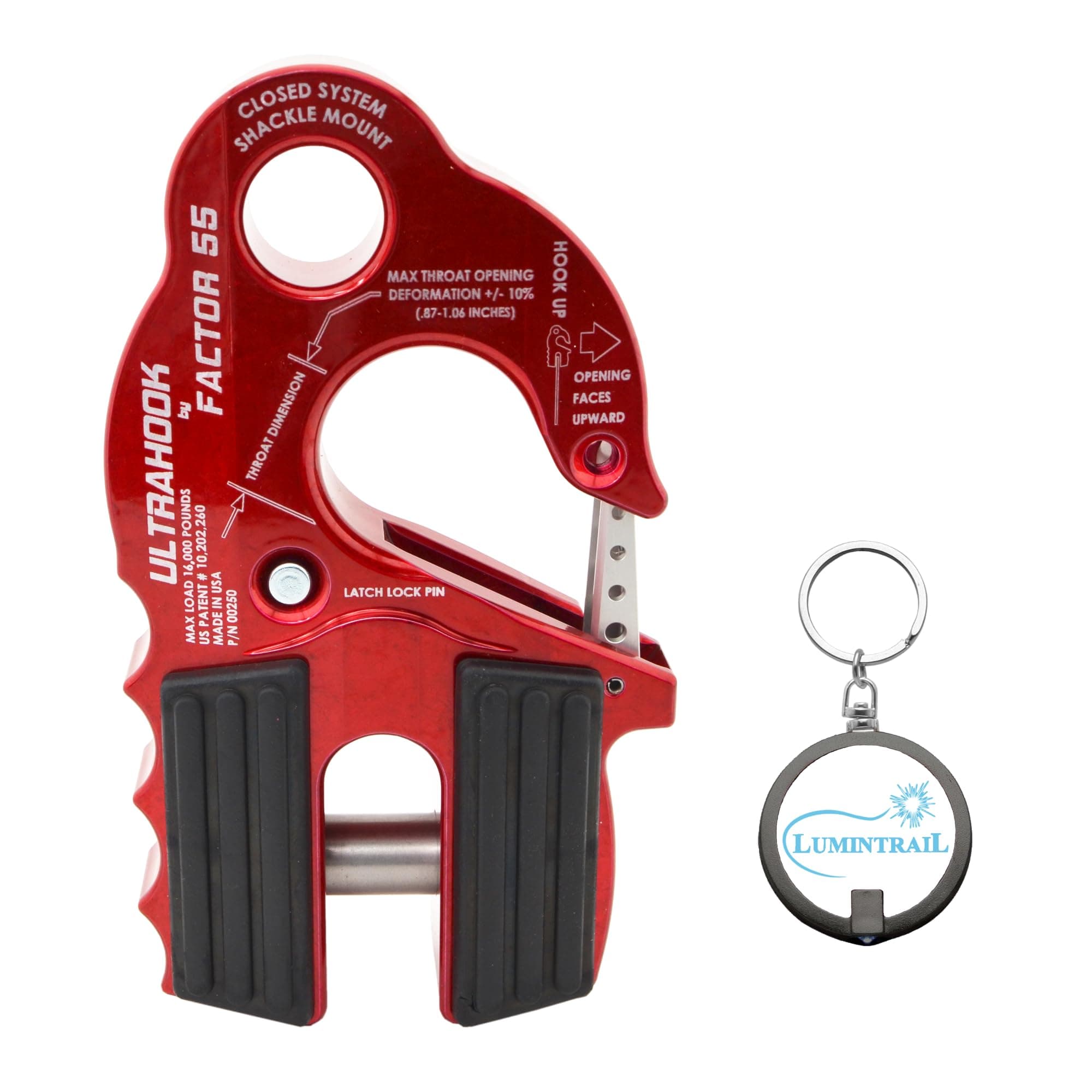 FACTOR55UltraHook Winch Hook Integrated Shackle Pin Mount Recovery Towing Bundle with a Keychain Light (Red), (00250-01)
