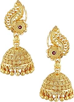 Gold Traditional Temple Jewellery 18k One Gram Gold Ethnic Brass Stylish South Indian Ghungroo Screw Back Studs Meenakari Peacock Ruby Jhumki Earrings Set for Women -JHUMKI-M143