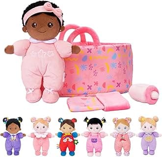 Soft Black Baby Doll with Carrying Case and Doll Accessories, 25cm Rattle Rag Dolls for Girls - Birthday for Girls