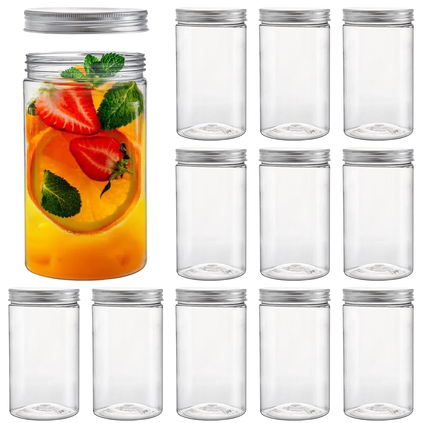Tebery 12 Pack Clear Round Plastic Jars Bottles Containers with Silver Ribbed Lids, 30oz Straight Cylinders Storage Canisters for Food & Home Storage