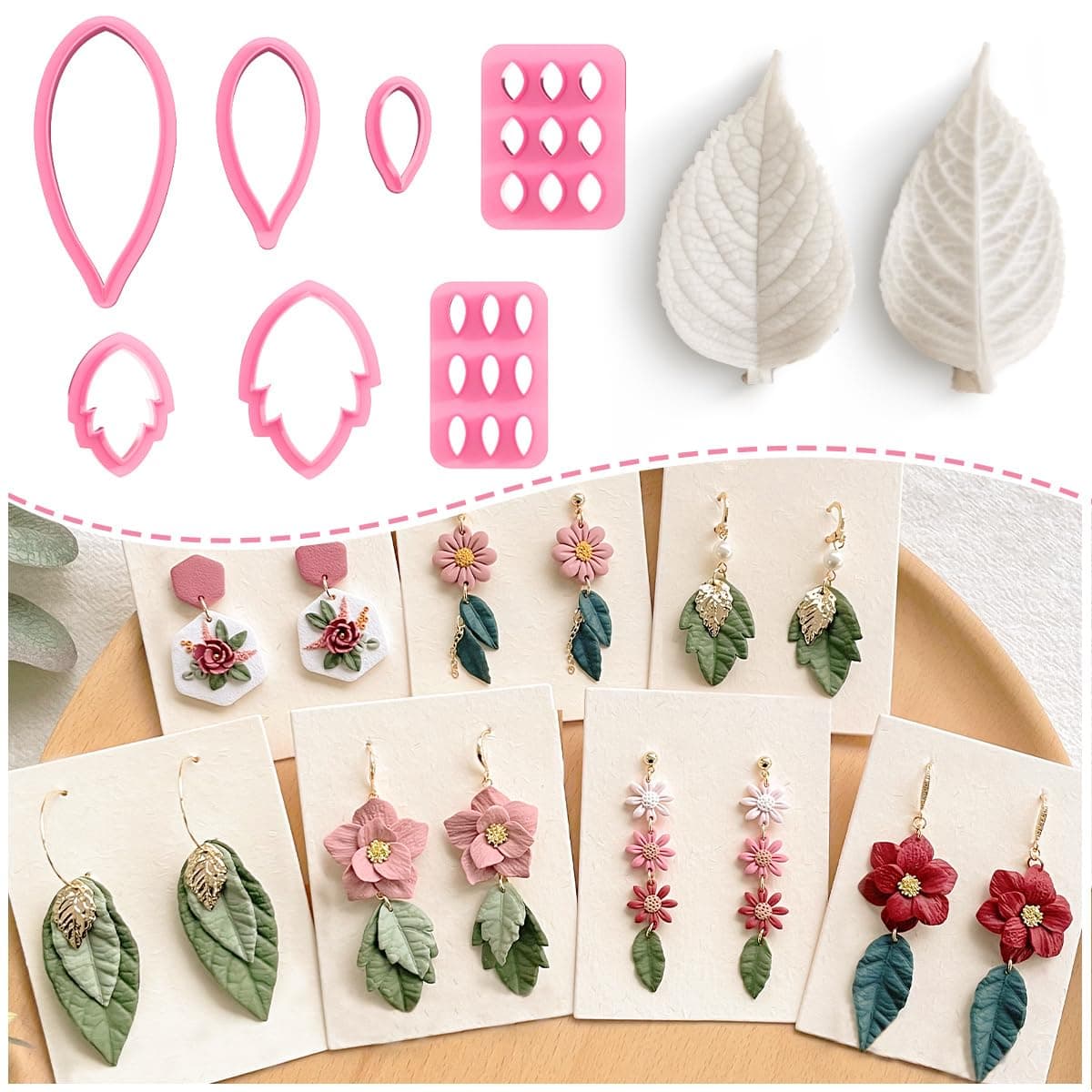 Keoker Leaf Clay Cutters Set, 7 Shapes Polymer Clay Leaf Cutters with Polymer Clay Press Mold, Polymer Clay Earring Molds, Spring Polymer Clay Earring Cutters, Polymer Clay Earring Tools