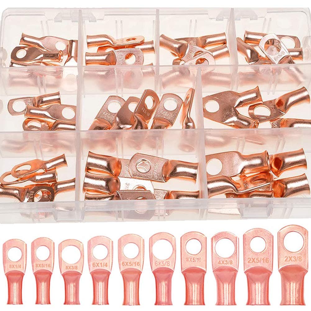 Terrans 50pcs Terminal Connectors Cable Ends, 10 Size UL Crimp Copper Wire Ring lugs Heavy Duty Battery Cable Closed Ends for Vehicle Boat Marine