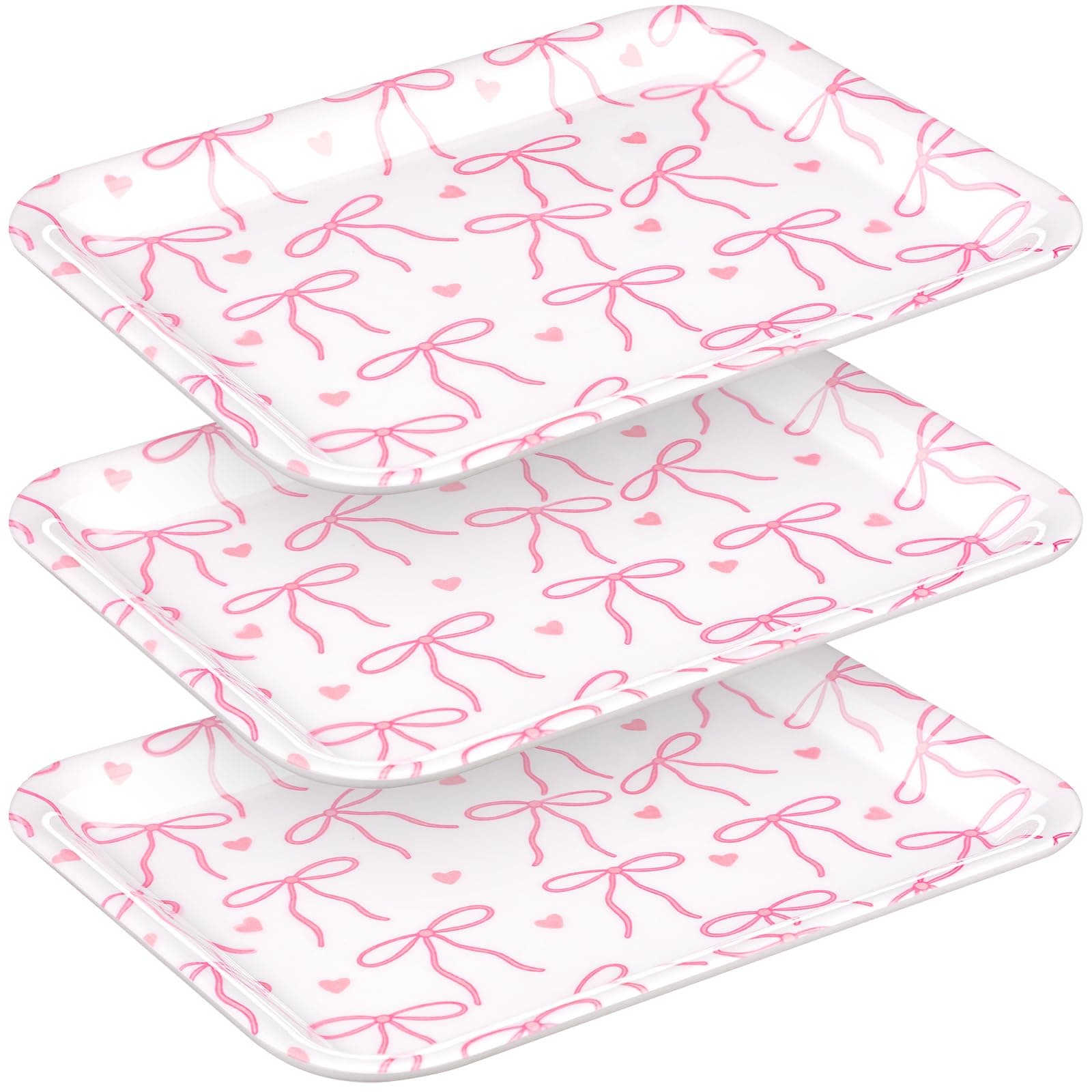 Tioncy 3 Pcs Pink Bow Serving Tray Bowknot Reusable Plate Dish 13" x 10" Decorative Tray Platter for Serving Food Room Organiser Home Party Supplies