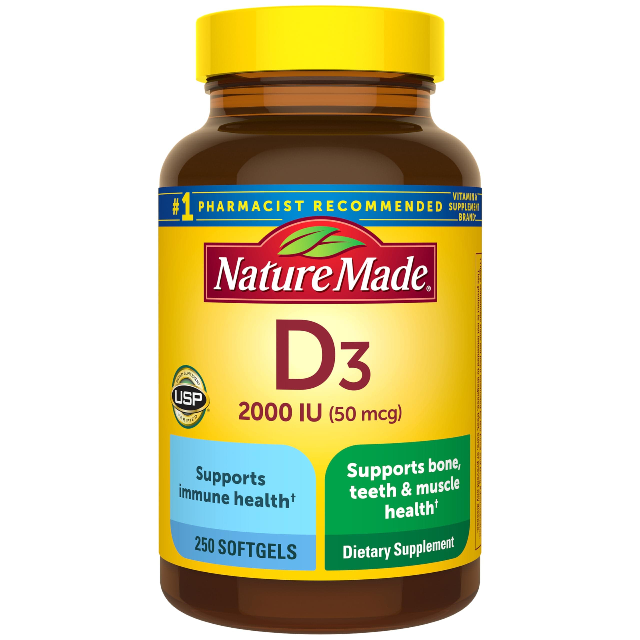 Nature Made Vitamin D3 2000 IU (50 mcg), Vitamin D Supplement for Bone, Teeth, Muscle and Immune Health Support, 250 Softgels, 250 Day Supply