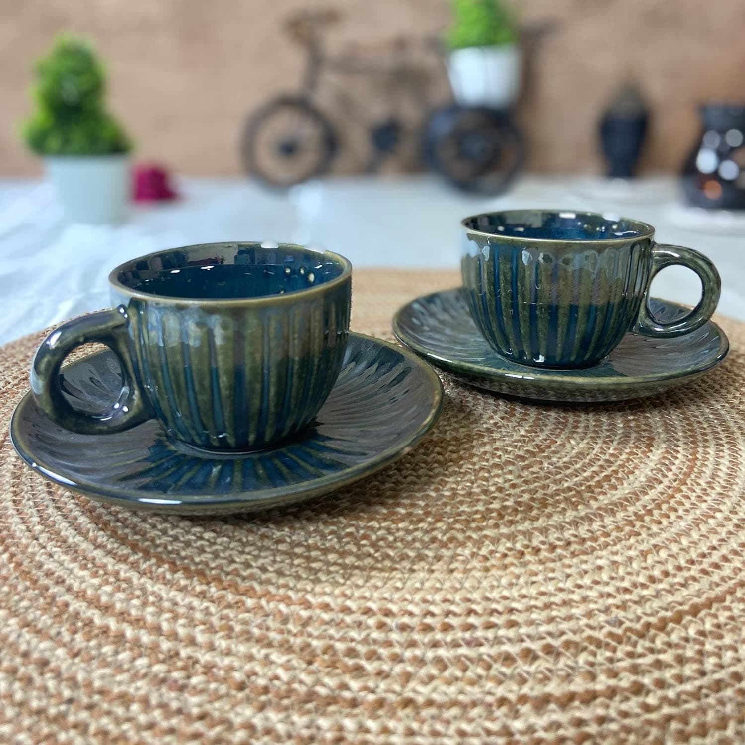 Ceramic Chic Emerald Green Tea Cups With Saucers (Emerald Green Set Of 2), 100 milliliter