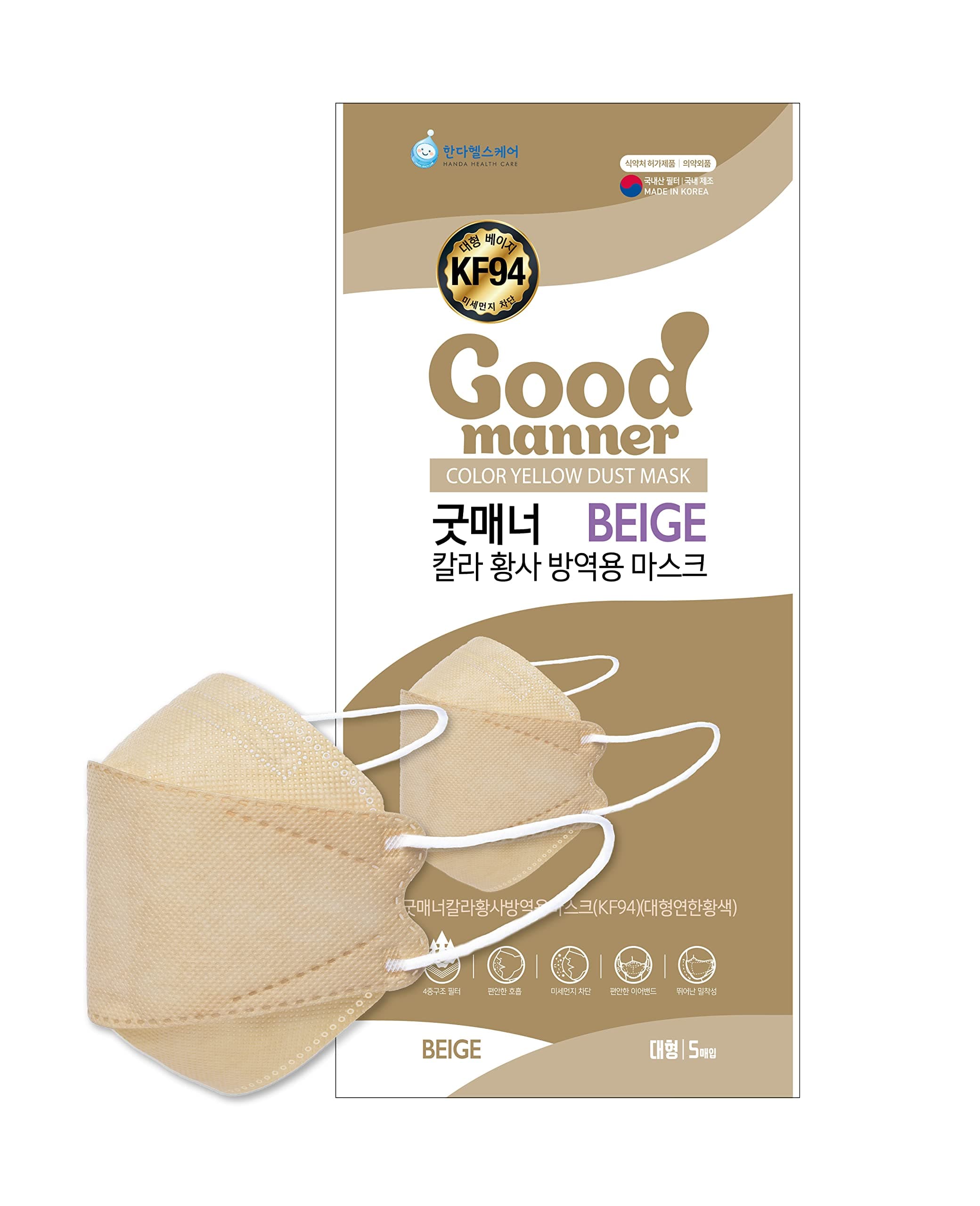 Good Manner Premium Protective Mask 5EA, Large, White/Black/Grey/Pink/Beige, Made in Korea (Beige)