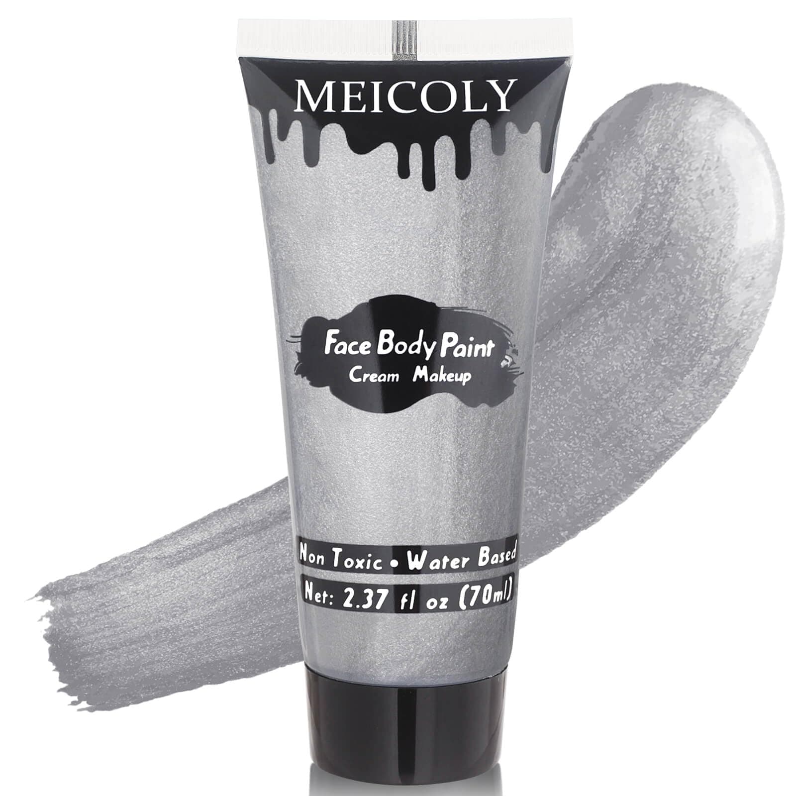 MEICOLY Metallic Silver Face Body Paint for Tin Man Makeup,2.37Oz Large Tube Water Based Full Body Paint for Adults and Kids,Pro Silver Face Paint for Halloween SFX Special Effects Cosplay Makeup