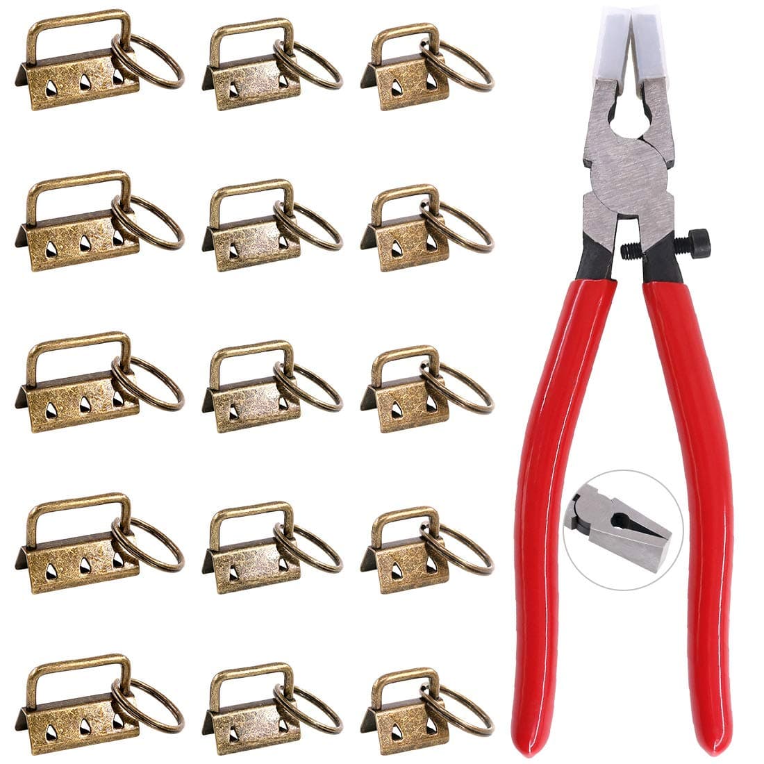 Rustark 30 Pcs 1'' 4/5'' 5/4'' Key Fob Hardware Keychain Split Ring Wrist Wristlets Cotton with Heavy Duty Metal Glass Running Pliers Tools (Bronze)