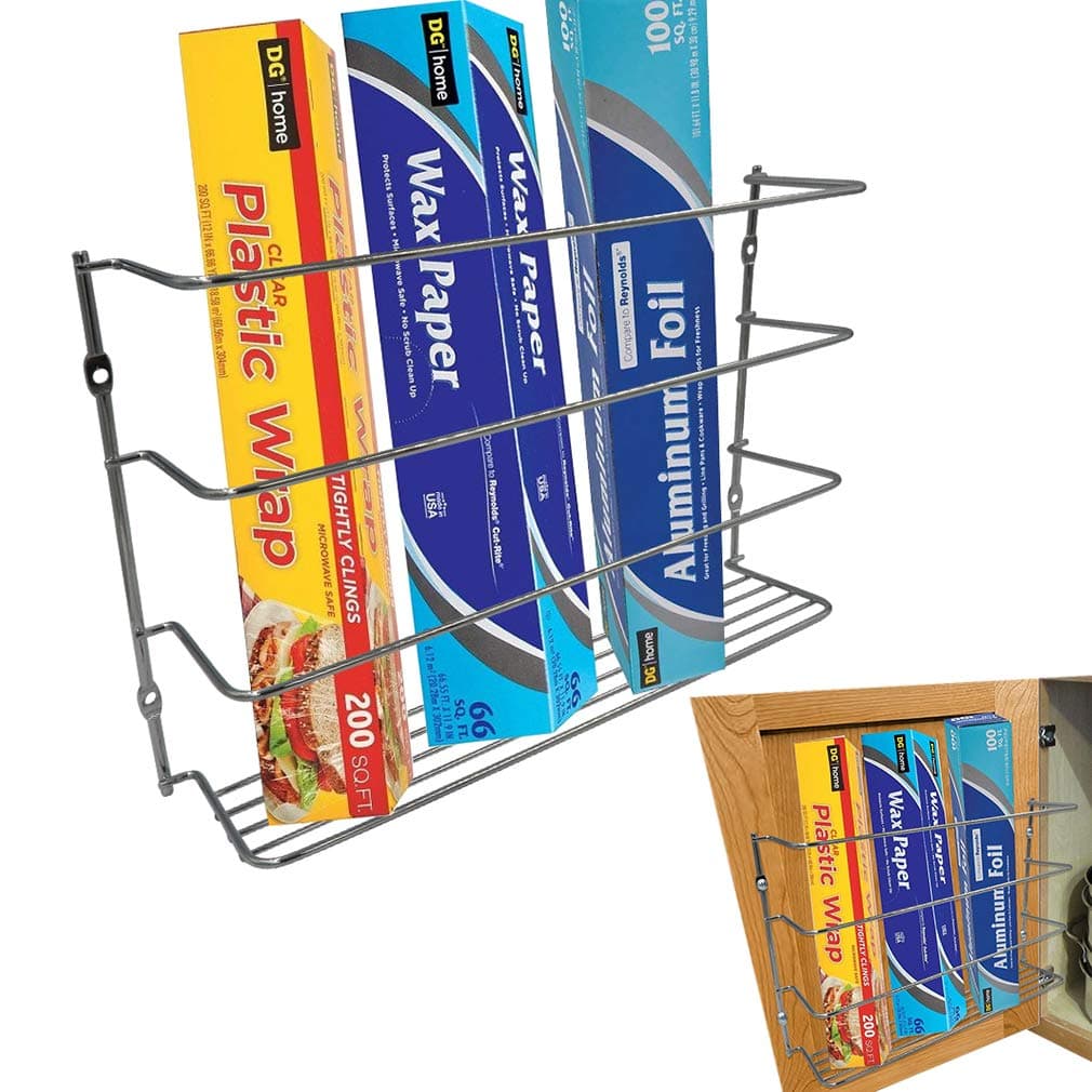 Evelots Kitchen Wrap Organizer - 2 Pack - Hold up to 4 Plastic, Foil, Paper, Wax - Cabinet Door, Wall Rack Basket - Sandwich, Freezer, Food Bag Storage - Laundry Supplies - Chrome Finished Metal