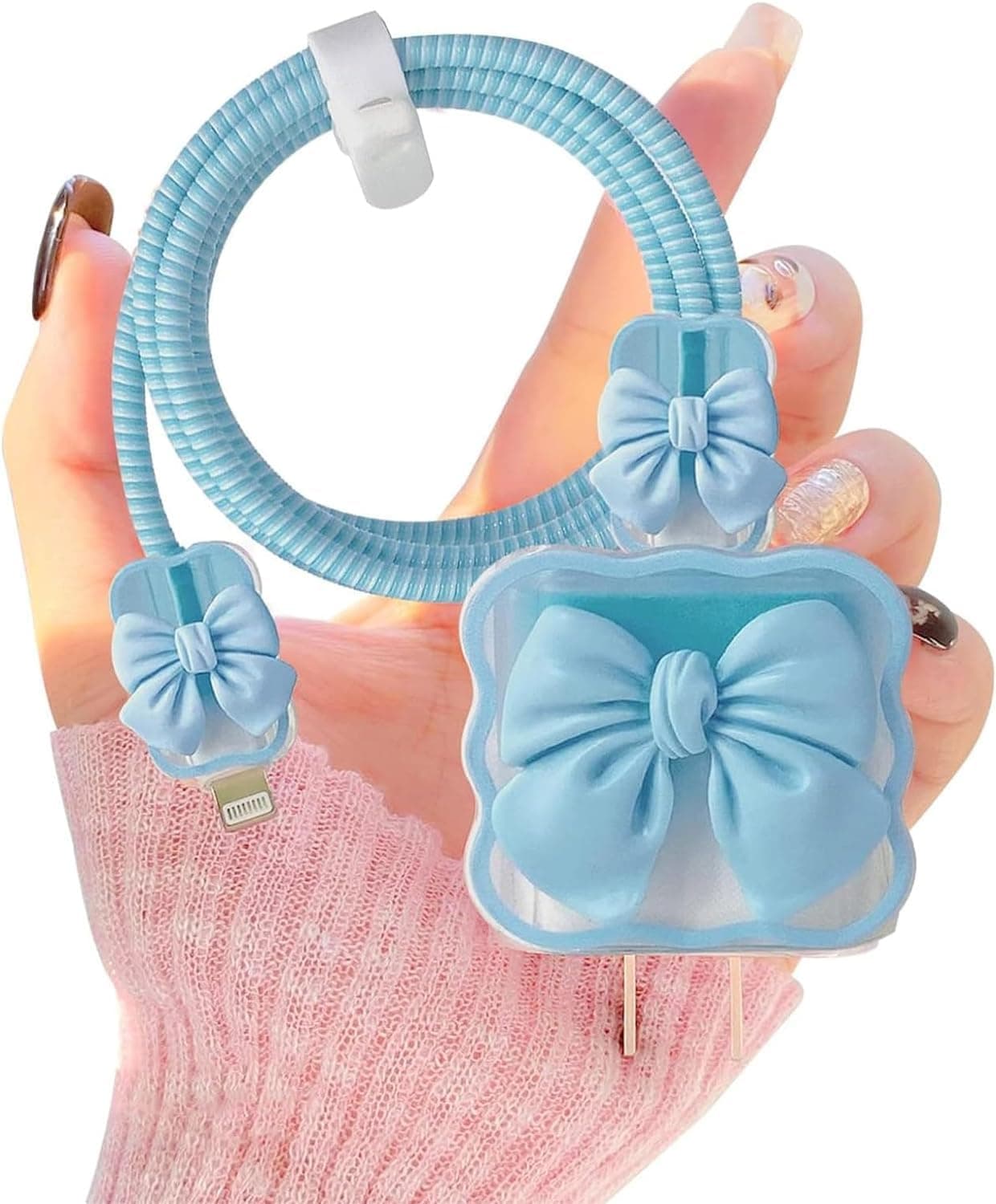 Kawaii Bow-Knot Data Cable Protector, Anti-Bending USB Charger Wire Saver for iPhone 14/13/12/11 Pro Max - Blue