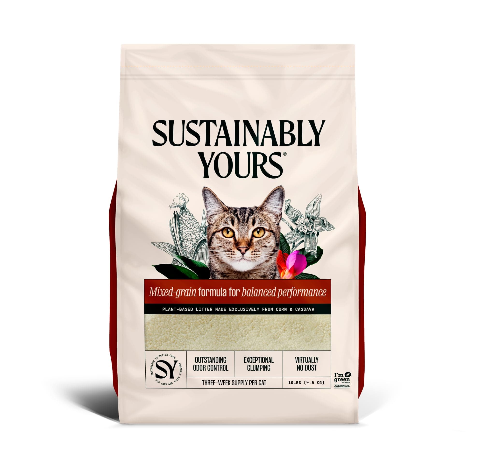 Sustainably Yours Natural Cat Litter, Mixed-Grain Formula, Exceptional Clumping & Odor Control, Virtually No Dust, Easy to Scoop, Corn & Cassava Plant-Based, Unscented, 10 lbs