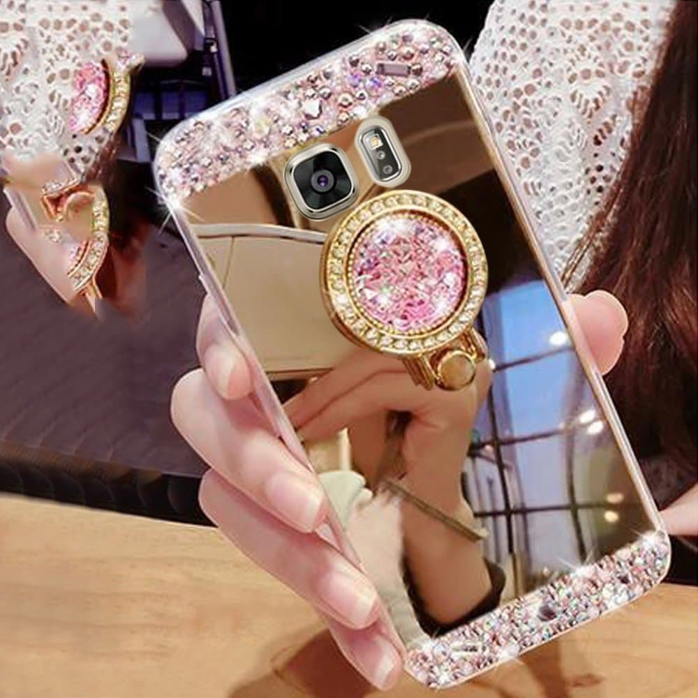 Areall for Samsung Galaxy S6 Edge Case Silicone Mirror, [Ring Stand Holder] Glitter Luxury Crystal Rhinestone Soft Slim Flexible Rubber Shockproof Makeup Back Cover Bumper for Samsung S6 Edge-Gold