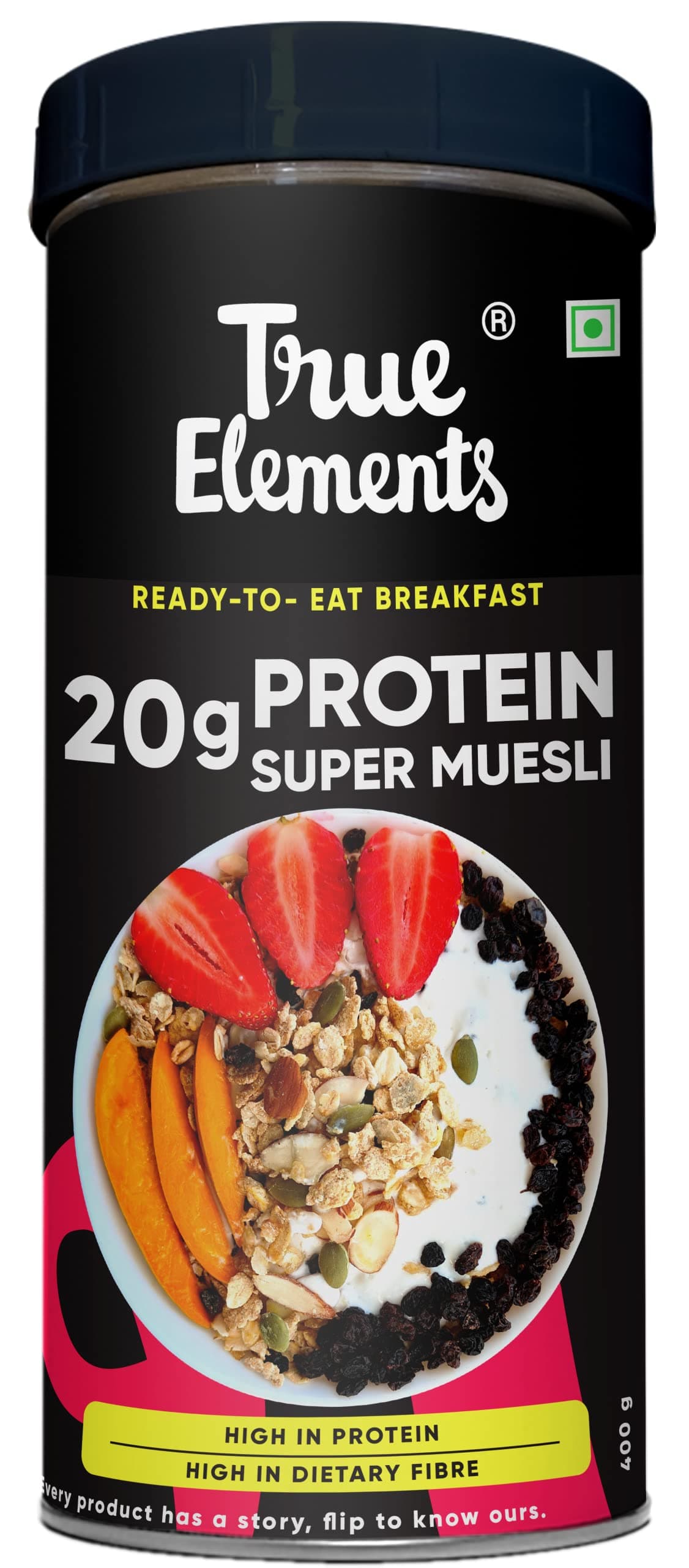 True Elements Protein Muesli 400g - 24g Clean Protein | With Rolled Oats & Flakes | Breakfast Cereal | Easy on Gut