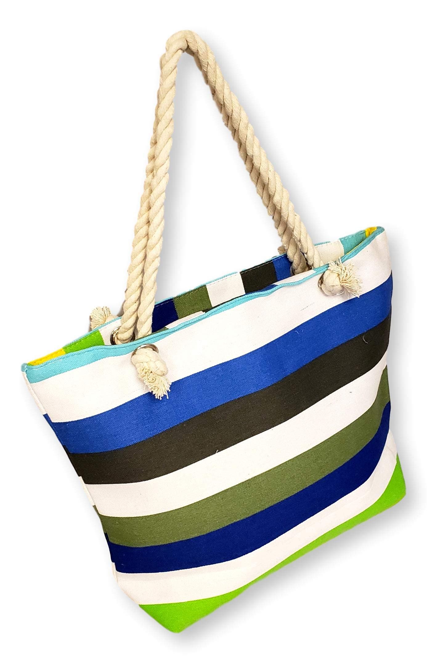 101 BEACH Medium Sized Summer Print Canvas Beach Tote Bag (Blue Green Multi Stripe)