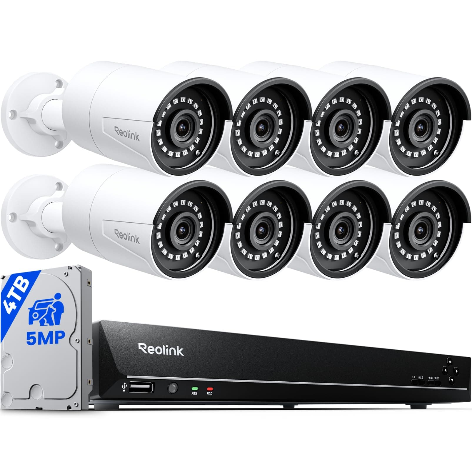 REOLINK 16CH 5MP Home Security Camera System, 8pcs Wired Outdoor PoE IP Cameras with Person/Vehicle/Pet Detection, 8MP 16CH NVR with 4TB HDD for 24-7 Recording, RLK16-410B8-5MP