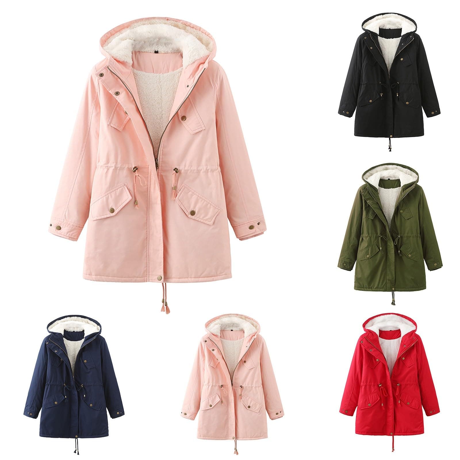 Yxrdzkj Winter Padded Solid Color Jacket with Fluffy Collar Loose Pocket Drawstring Coat Fleece Lined Windbreaker for Women