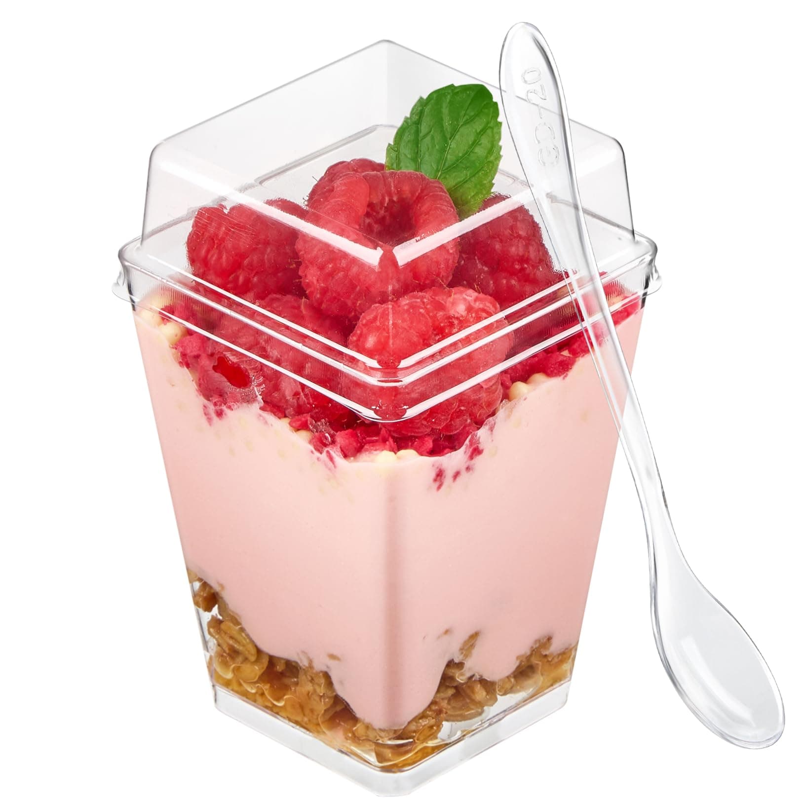 TOFLEN 50 Pack 5 oz Plastic Dessert Cups with High Lids for Party, Mini Dessert Cups with Spoons Dessert Shooter Cups for Yogurt Parfait, Appetizer, Pudding, Fruit and Ice Cream