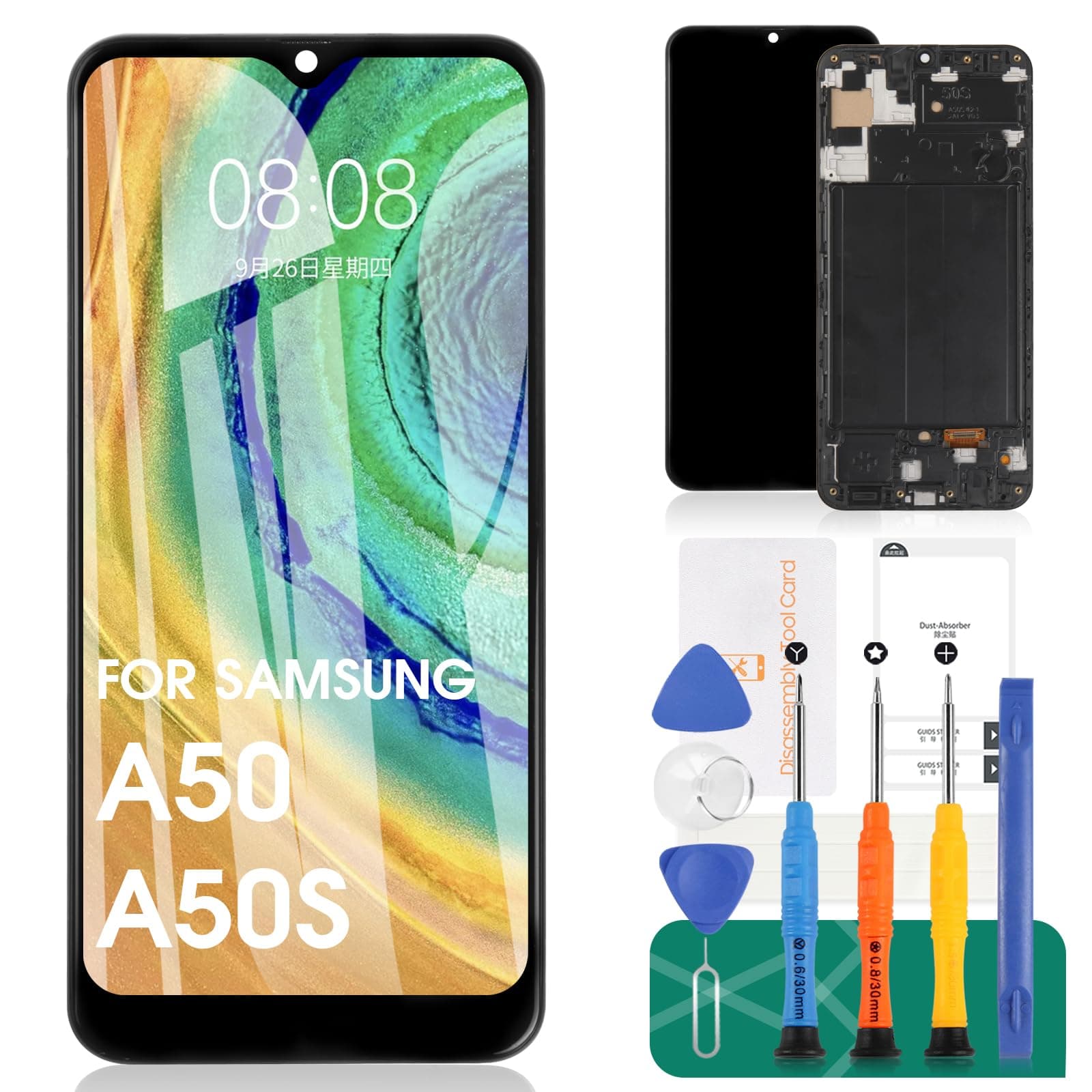 OLED for Samsung A50S Screen Replacement for Samsung Galaxy A50 LCD Display A505F/DS A505G/DS SM-A505 A505FDS Touch A505 A507 Screen SM-A507F, SM-A507FN, SM-A5070 Digitizer Assembly (Black+ Frame)