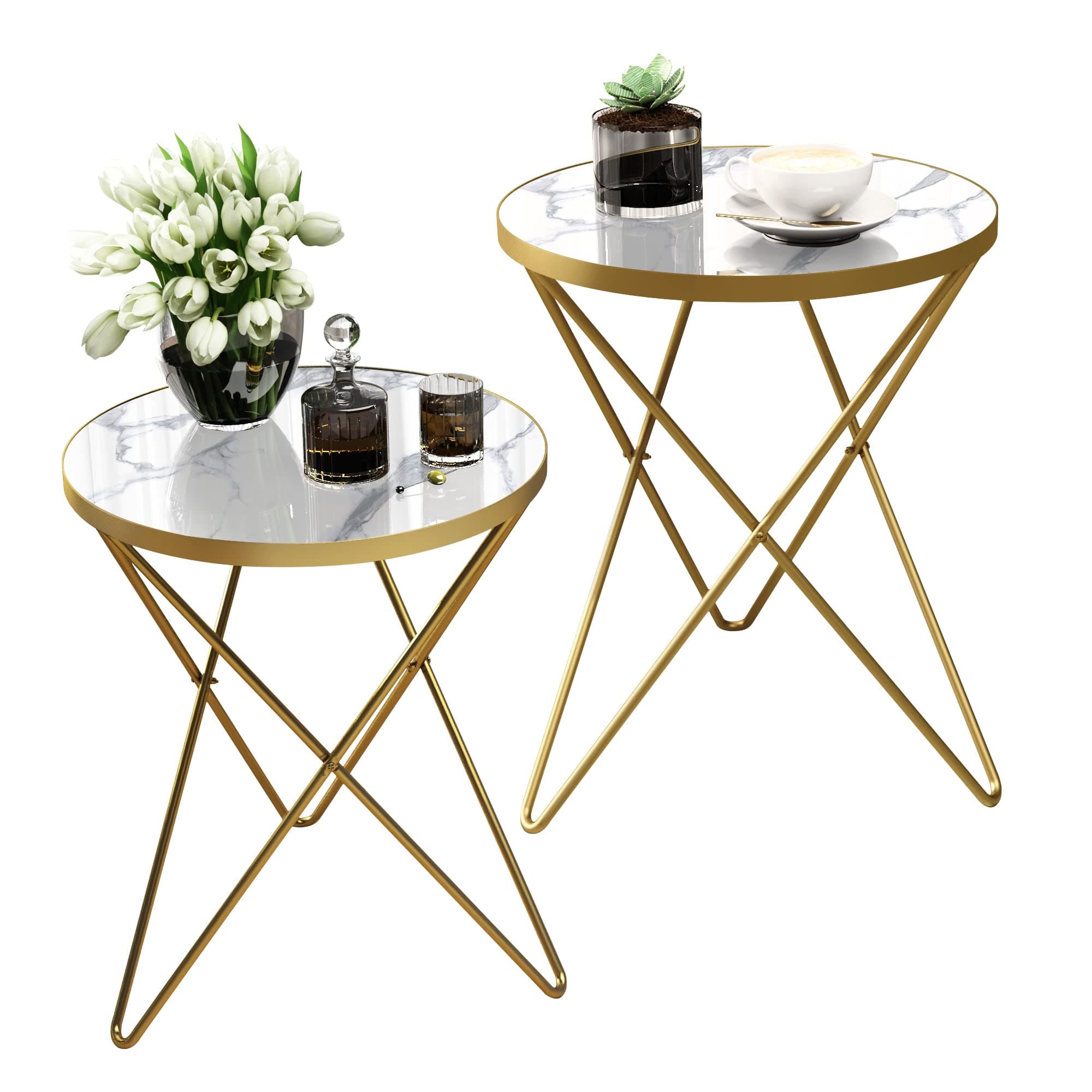 HLR Modern Round Side Table Set of 2, End Table with Marble Effect Top and Gold Metal Frame, Small Side Table for Living Room, Bedroom, Sofa and Couch, Gold Legs, White Marble top