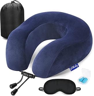 Travel Neck Pillows for Airplanes - Memory Foam Travel Pillow Soft Washable Cover for Traveling, Car, Recliner, Flight Pillows for Neck Rest Airplane Kit with Storage Bag, Sleep Mask, Earplug, Blue