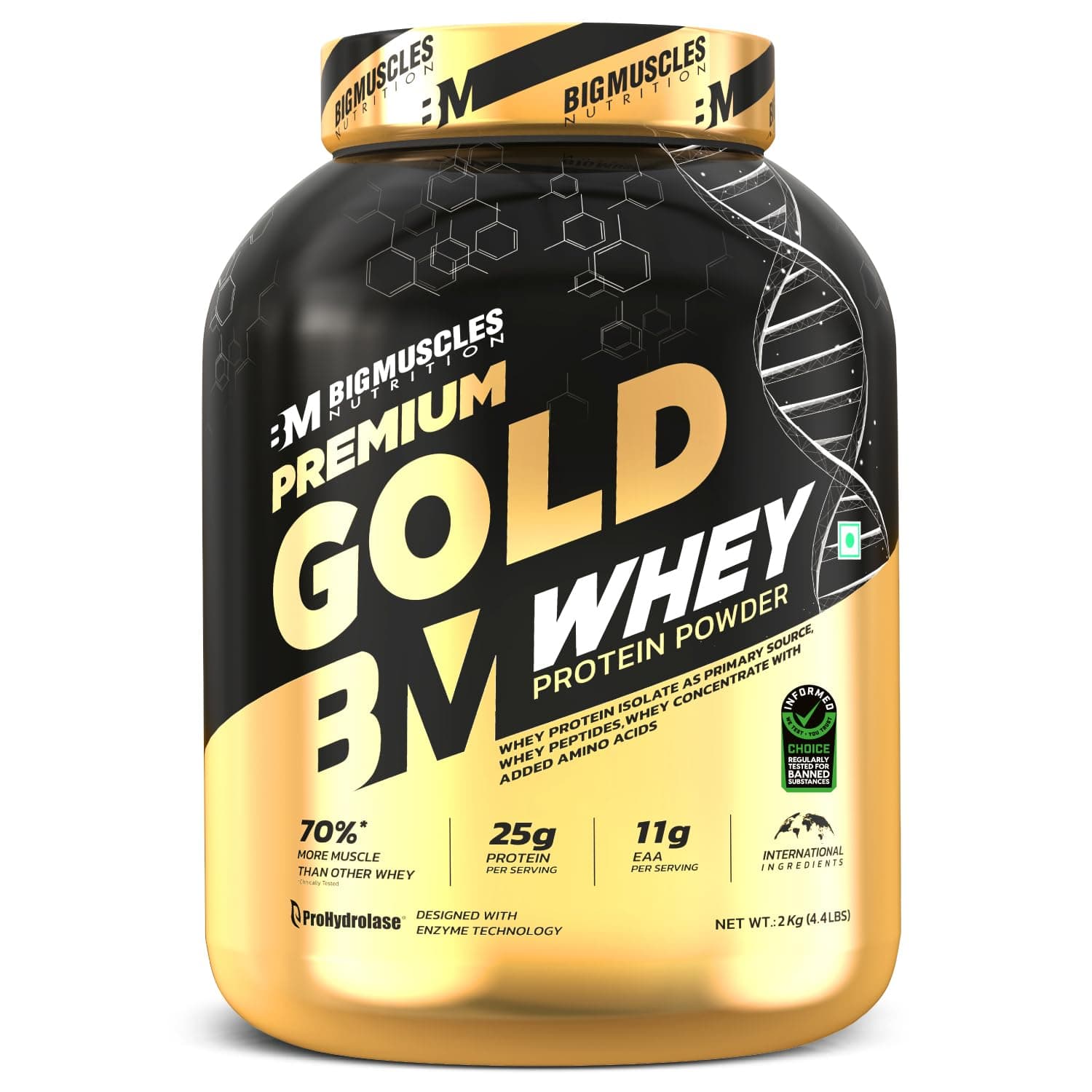 Premium Gold Whey [2Kilogram] | Informed Choice UK Certified | Isolate Protein Blend | 25G Protein | 11G EAA | Prohydrolase Enzyme Technology [Strawberry Milkshake], 37 Grams